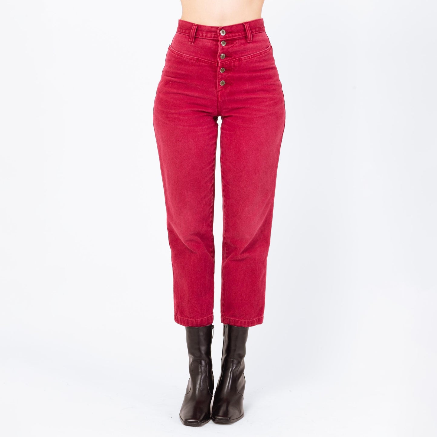 Vintage 90s Raspberry Red Exposed Button Fly Jeans - Extra Small, 25" Waist | High Waisted Denim Short Inseam Ankle Jeans