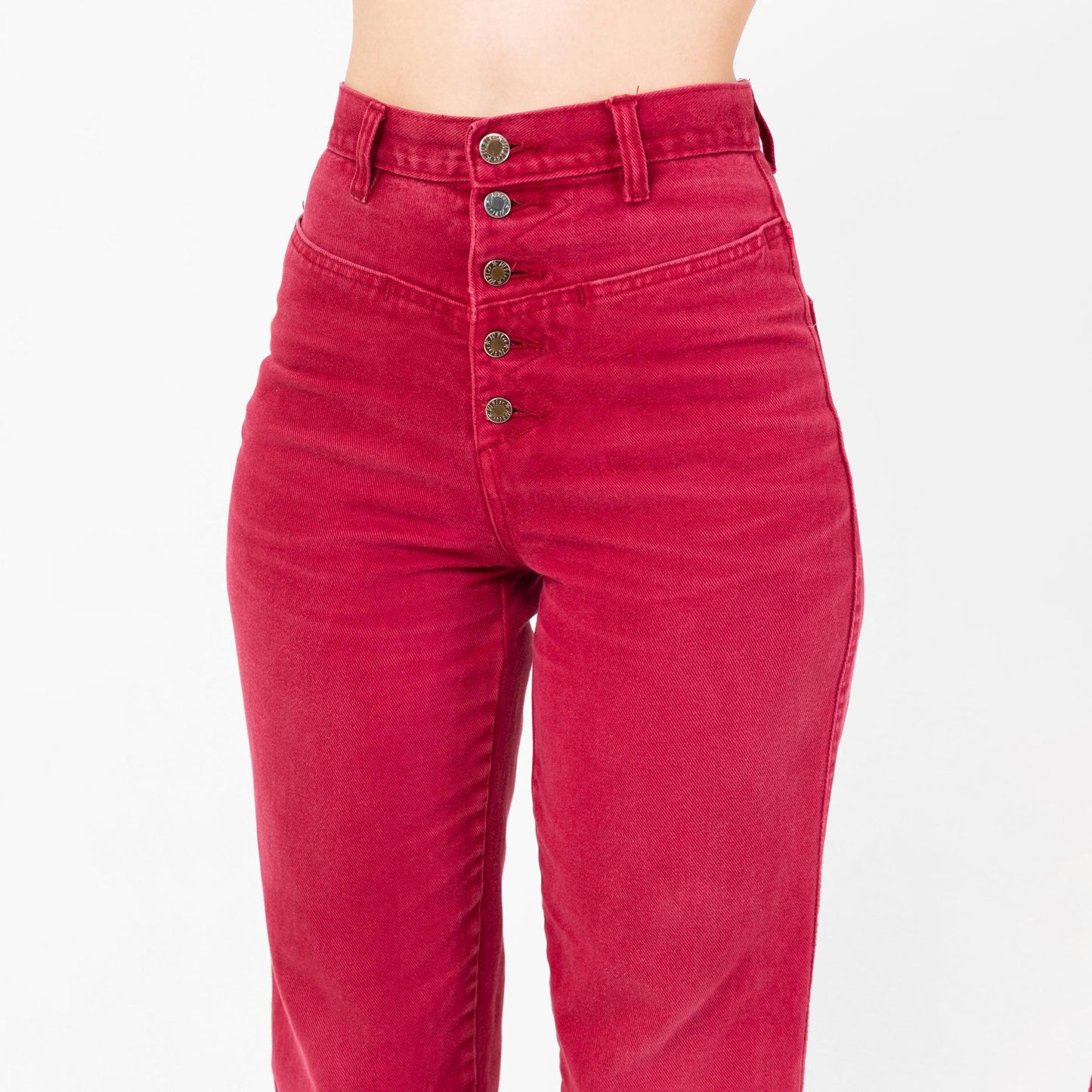 Vintage 90s Raspberry Red Exposed Button Fly Jeans - Extra Small, 25" Waist | High Waisted Denim Short Inseam Ankle Jeans