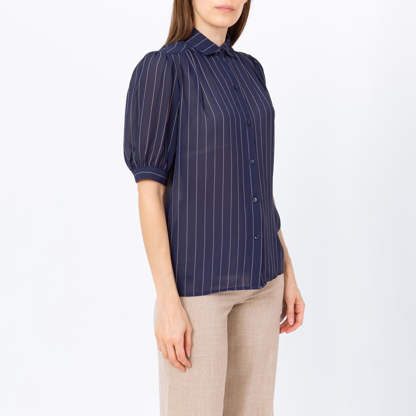 Vintage 70s Navy Blue Pinstriped Puff Sleeve Blouse - Small | Retro Sheer Top, Peter Pan Collar Shirt