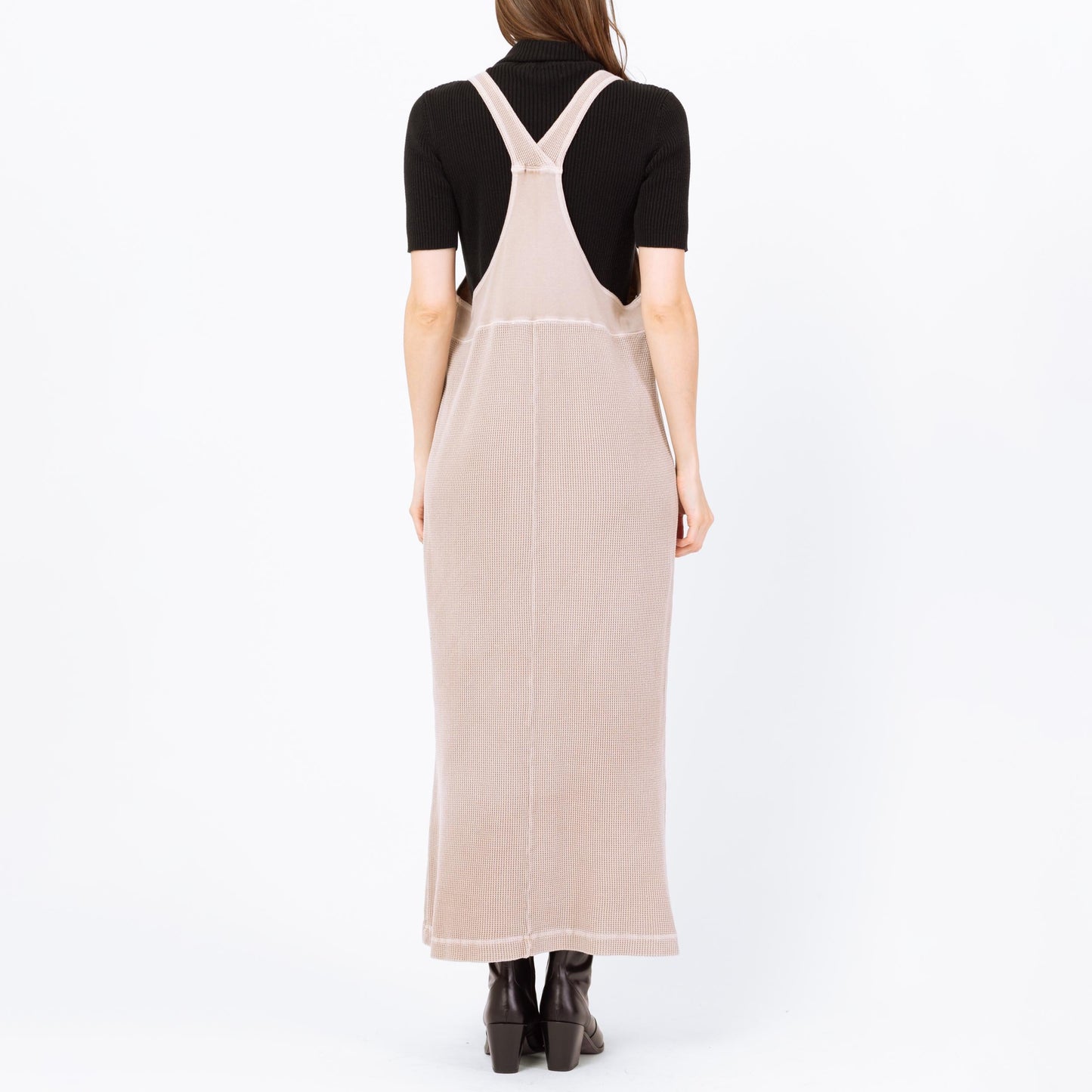 Vintage 90s Minimalist Taupe Maxi Pinafore Dress - Small | Waffle Knit Racerback Sleeveless Lounge Dress