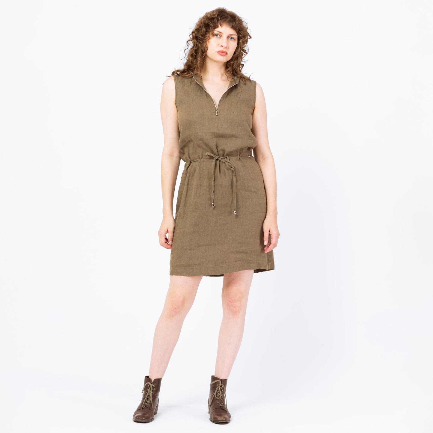 Vintage 90s Olive Green Hooded Linen Mini Dress - Medium | Grunge Drawstring Waist Sleeveless Minimalist Zip Up Safari Dress