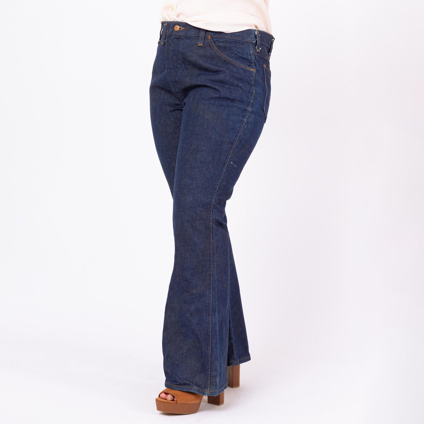 Vintage 70s Wrangler Deadstock Flared Unisex Jeans - 38x30 | Dark Wash Denim High Waisted Bootcut Jeans