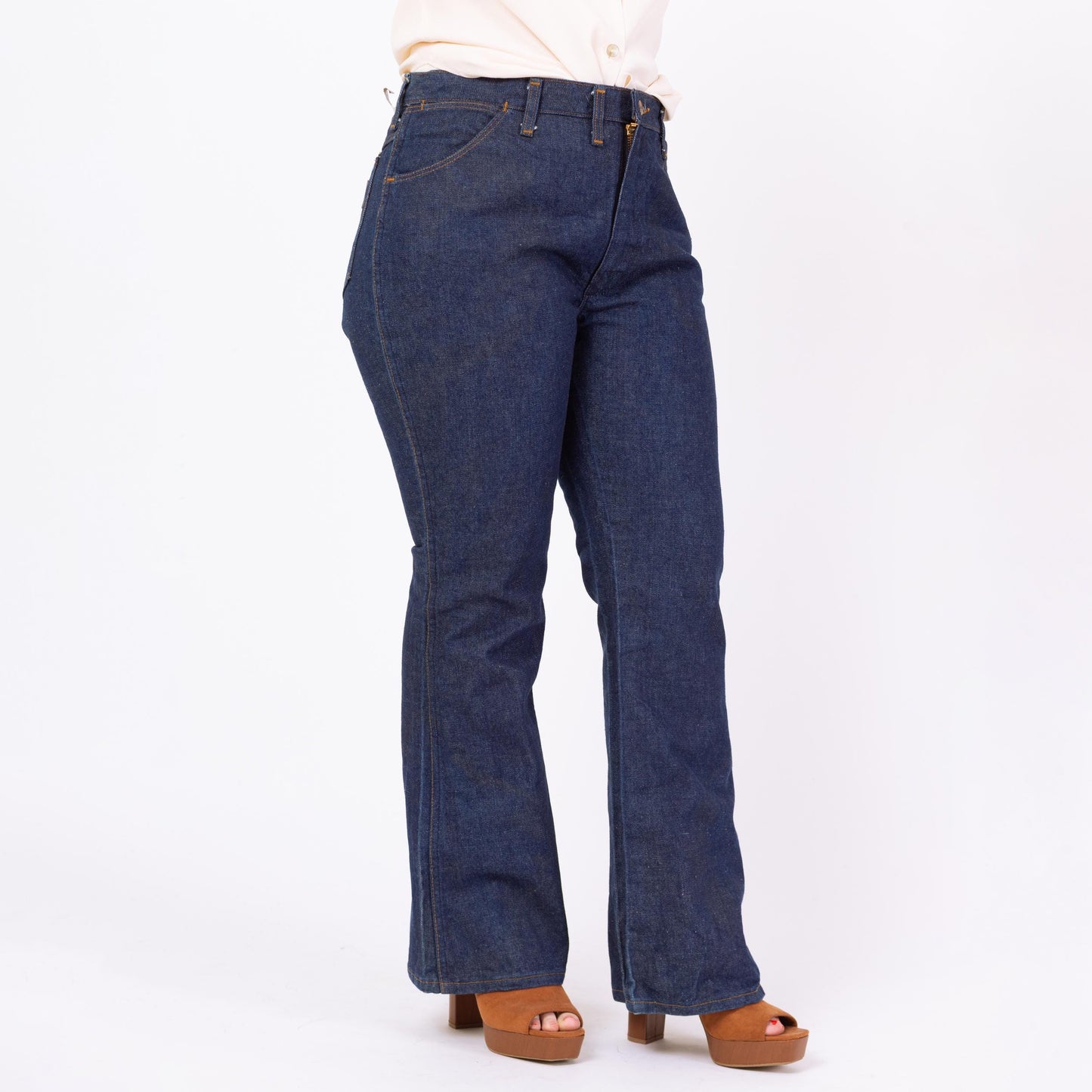 Vintage 70s Wrangler Deadstock Flared Unisex Jeans - 38x30 | Dark Wash Denim High Waisted Bootcut Jeans