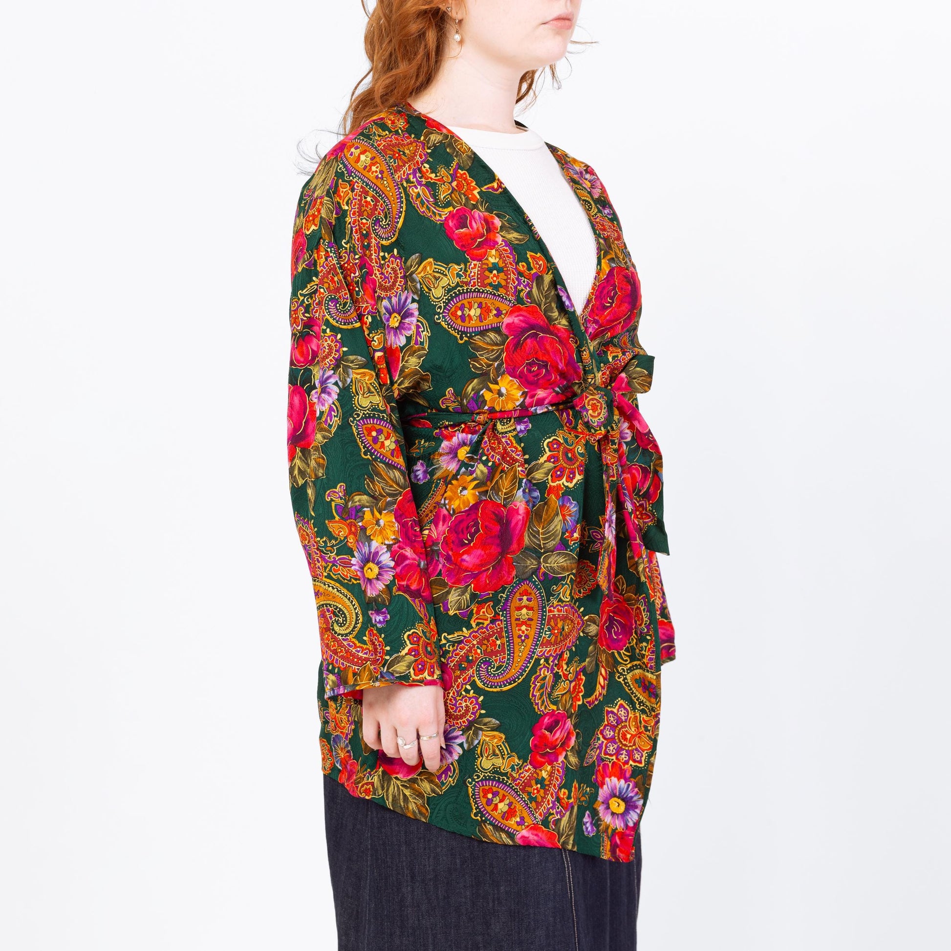 Vintage 90s Victoria's Secret Silk Floral Mini Robe - Medium to Large | Boho Paisley Print Satin Loungewear Kimono