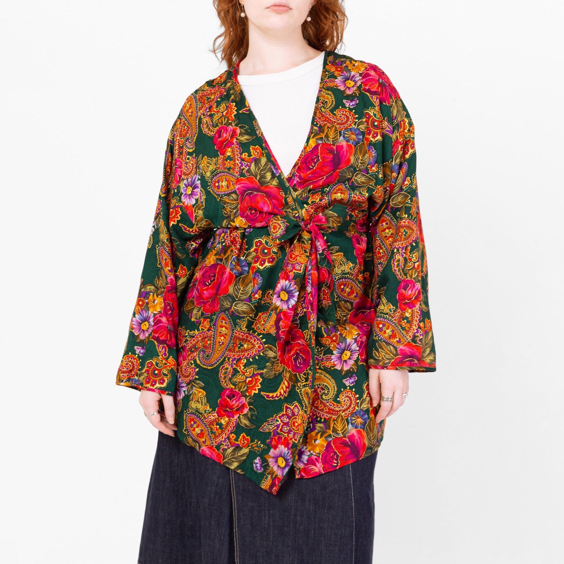 Vintage 90s Victoria's Secret Silk Floral Mini Robe - Medium to Large | Boho Paisley Print Satin Loungewear Kimono