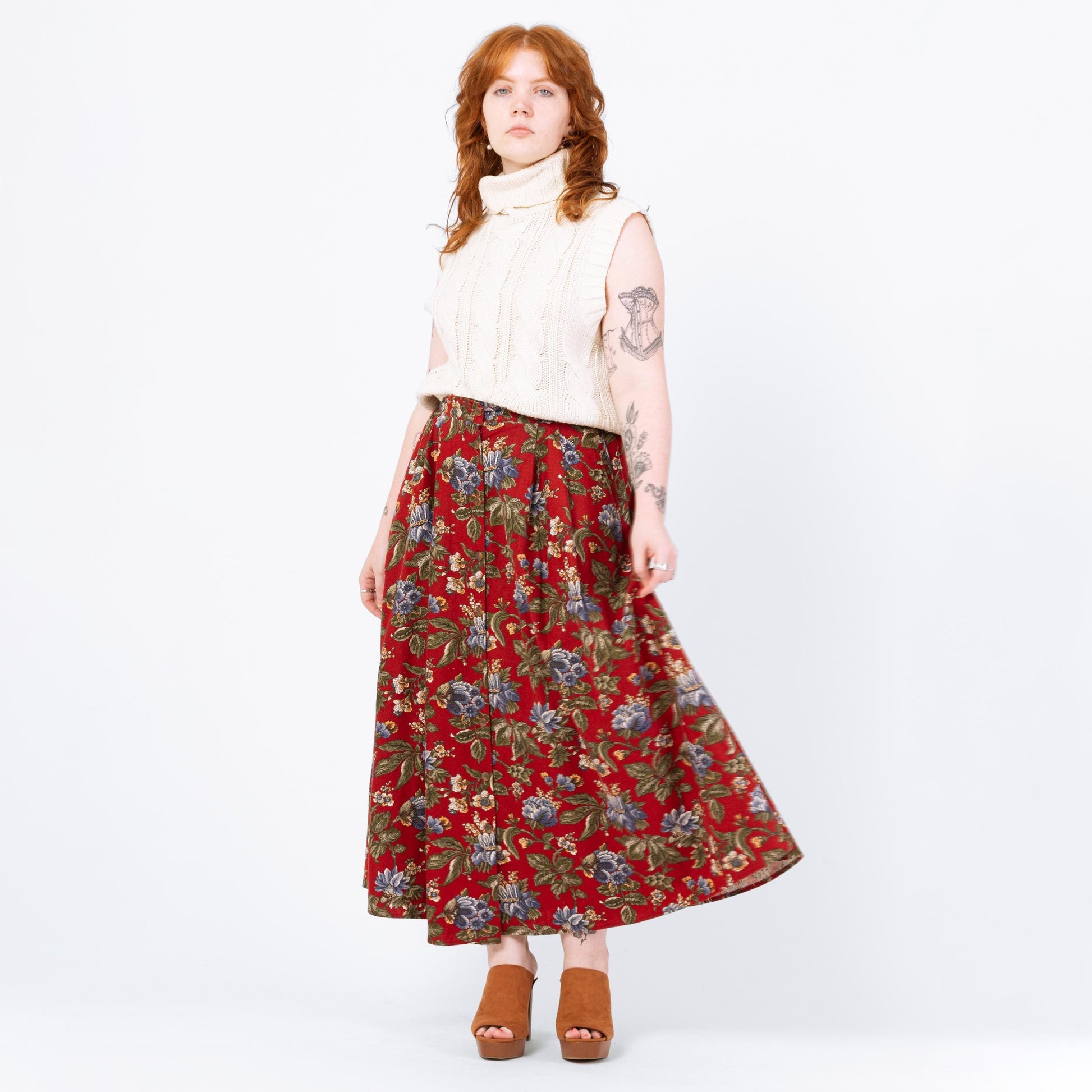 Vintage 90s Red Floral Button Front Maxi Skirt - Large, 32"-35" Waist | High Waisted Pleated Boho Long Linen Cotton Skirt