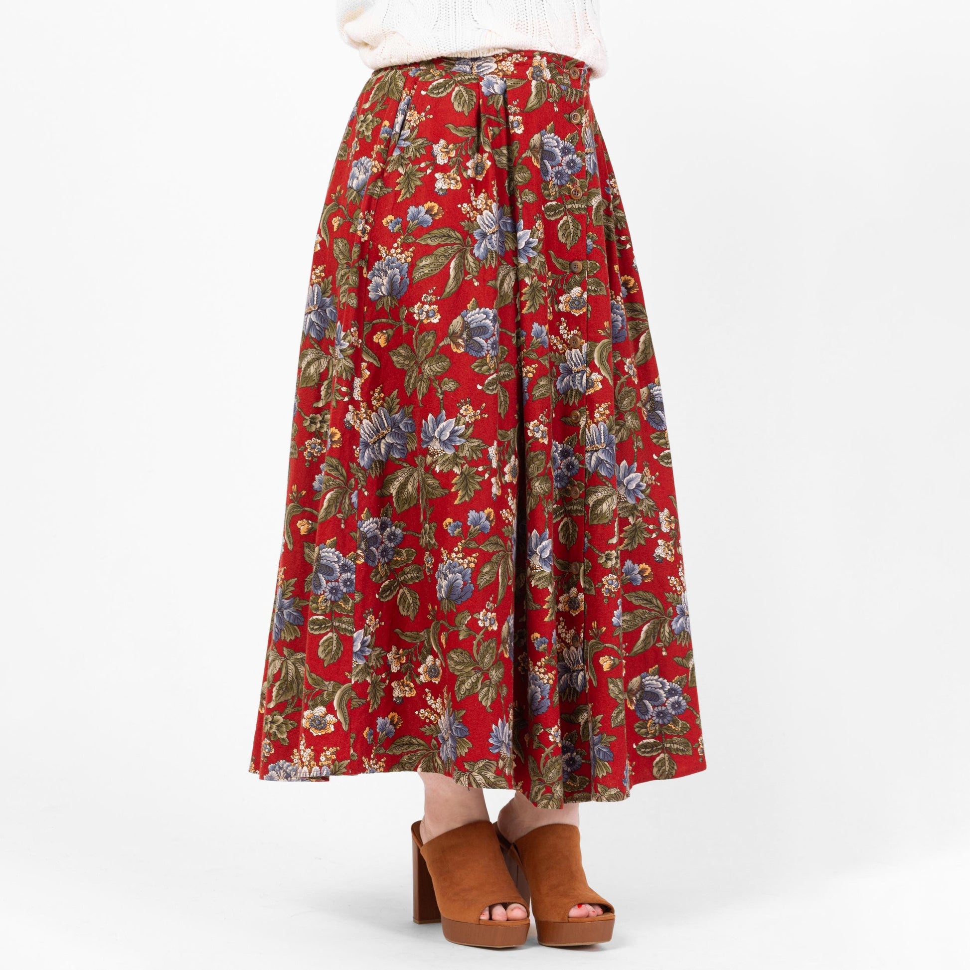 Vintage 90s Red Floral Button Front Maxi Skirt - Large, 32"-35" Waist | High Waisted Pleated Boho Long Linen Cotton Skirt