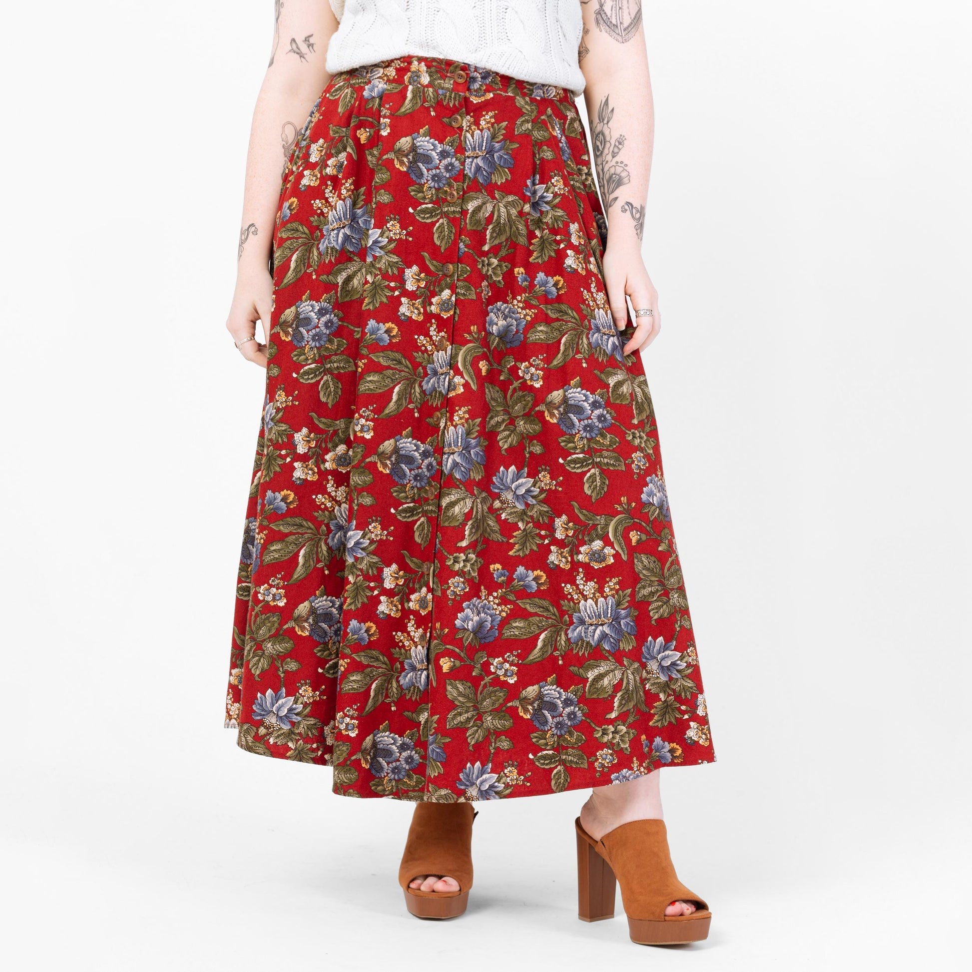 Vintage 90s Red Floral Button Front Maxi Skirt - Large, 32"-35" Waist | High Waisted Pleated Boho Long Linen Cotton Skirt