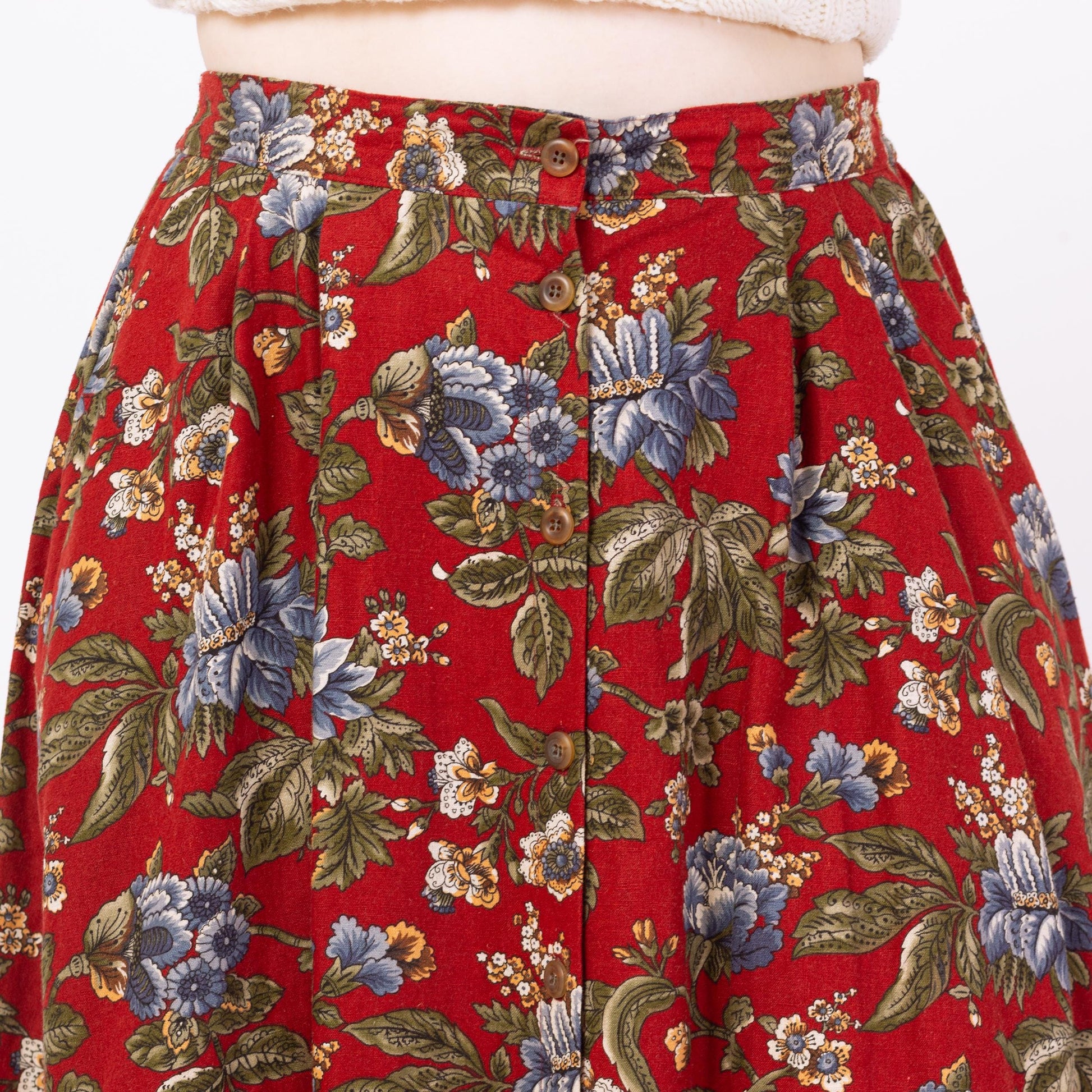 Vintage 90s Red Floral Button Front Maxi Skirt - Large, 32"-35" Waist | High Waisted Pleated Boho Long Linen Cotton Skirt