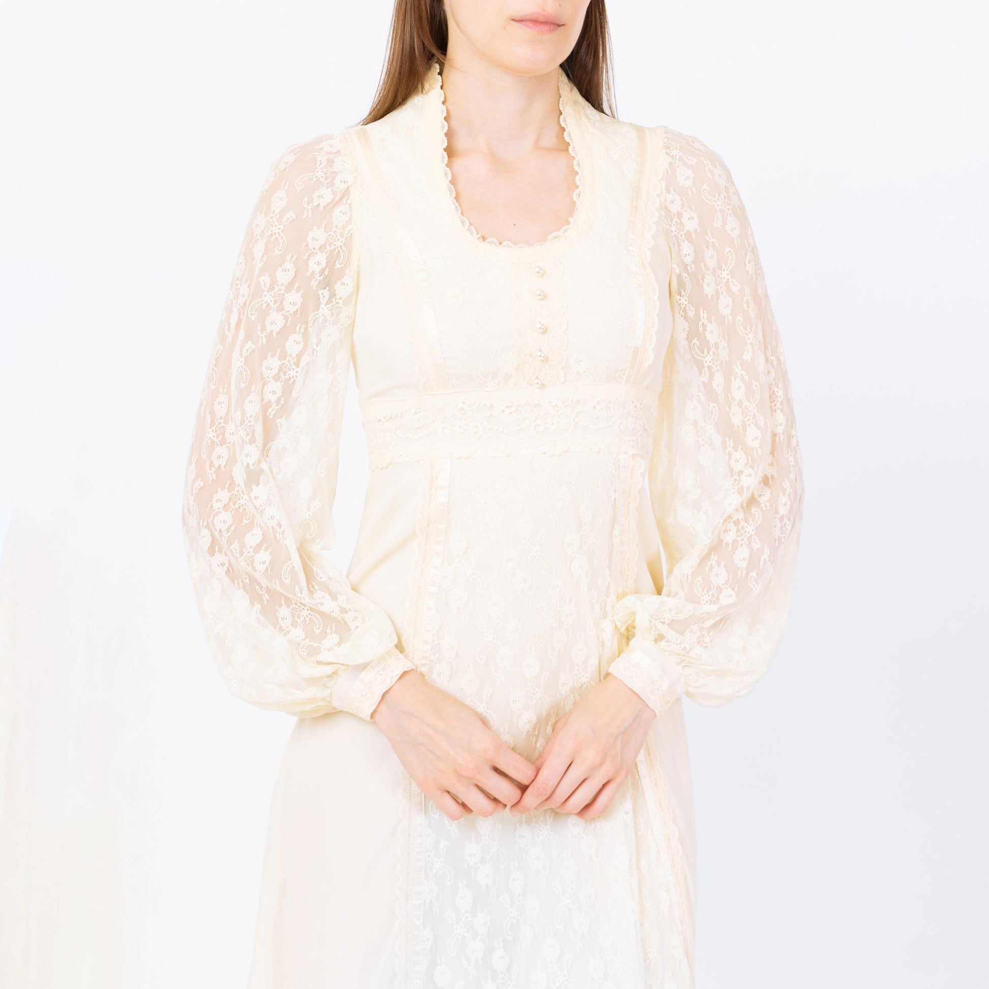 Vintage 70s Gunne Sax Cream Lace Prairie Maxi Dress - Extra Small | Boho Sheer Balloon Sleeve Renaissance Hippie Wedding Gown