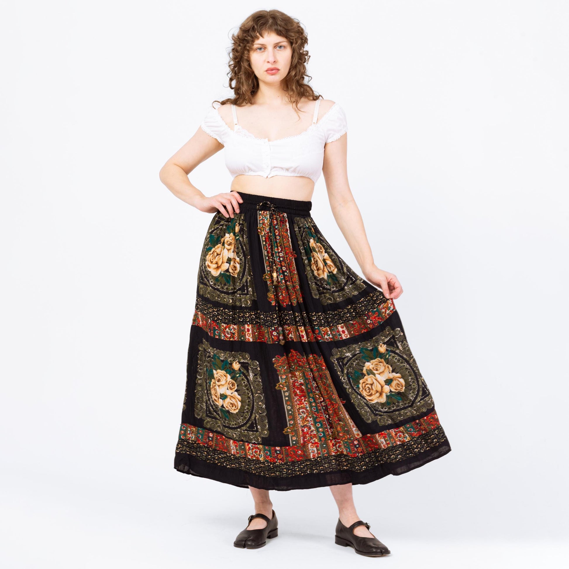 Vintage 90s Boho Rose Floral Maxi Broomstick Skirt - Medium to Large, 28"-33" Waist | Black Red Picture Frame Printt Rayon Hippie Skirt
