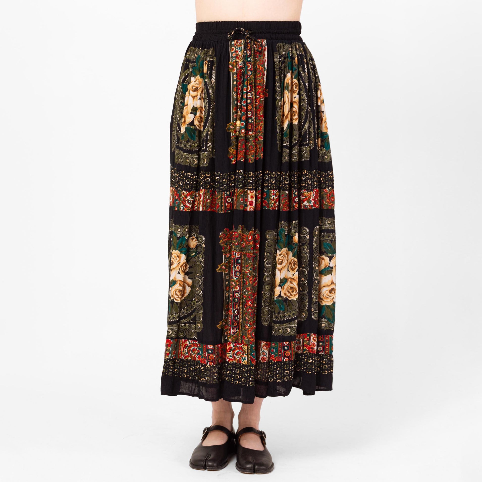 Vintage 90s Boho Rose Floral Maxi Broomstick Skirt - Medium to Large, 28"-33" Waist | Black Red Picture Frame Printt Rayon Hippie Skirt