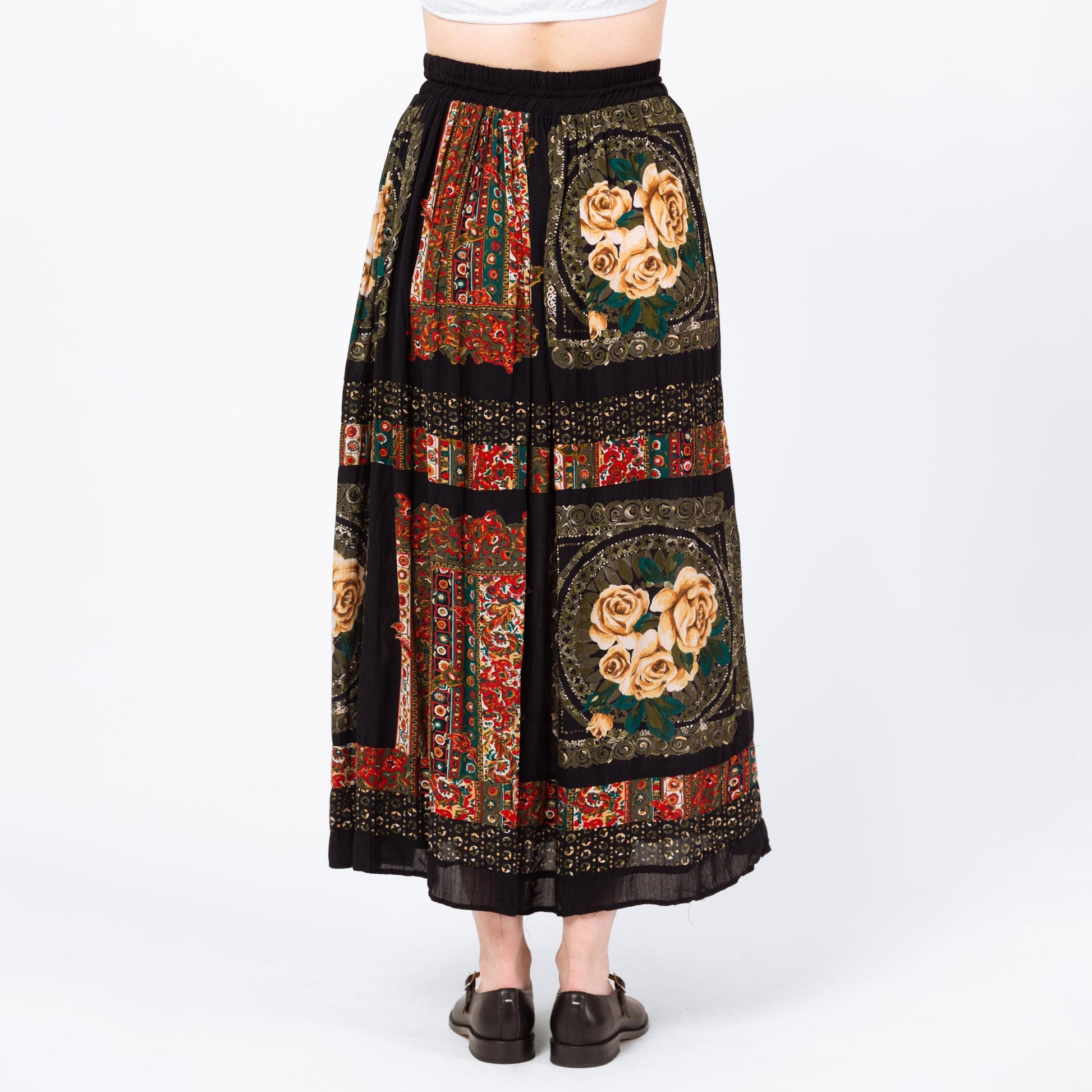 Vintage 90s Boho Rose Floral Maxi Broomstick Skirt - Medium to Large, 28"-33" Waist | Black Red Picture Frame Printt Rayon Hippie Skirt