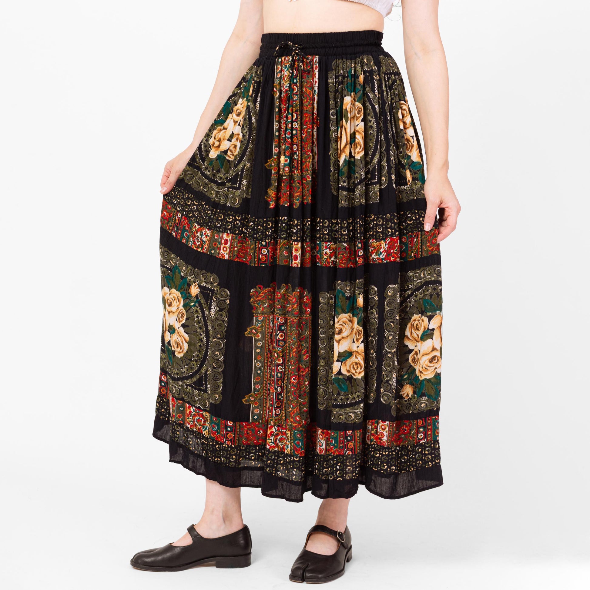Vintage 90s Boho Rose Floral Maxi Broomstick Skirt - Medium to Large, 28"-33" Waist | Black Red Picture Frame Printt Rayon Hippie Skirt