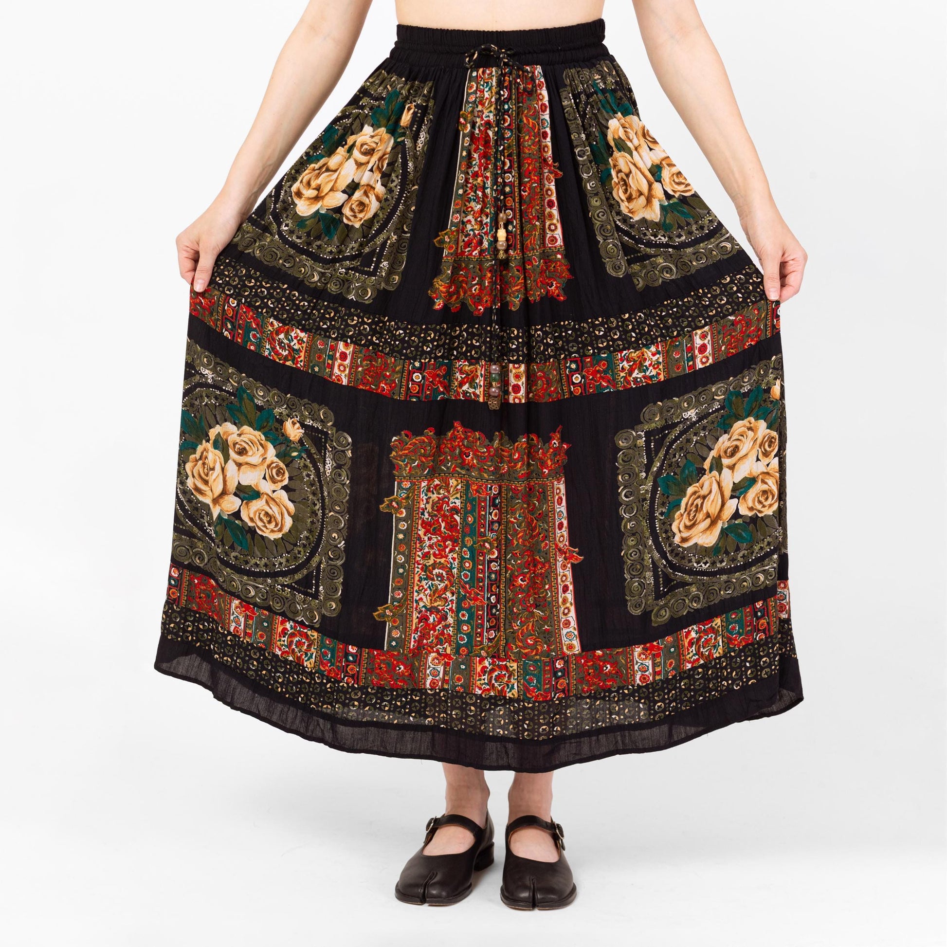 Vintage 90s Boho Rose Floral Maxi Broomstick Skirt - Medium to Large, 28"-33" Waist | Black Red Picture Frame Printt Rayon Hippie Skirt