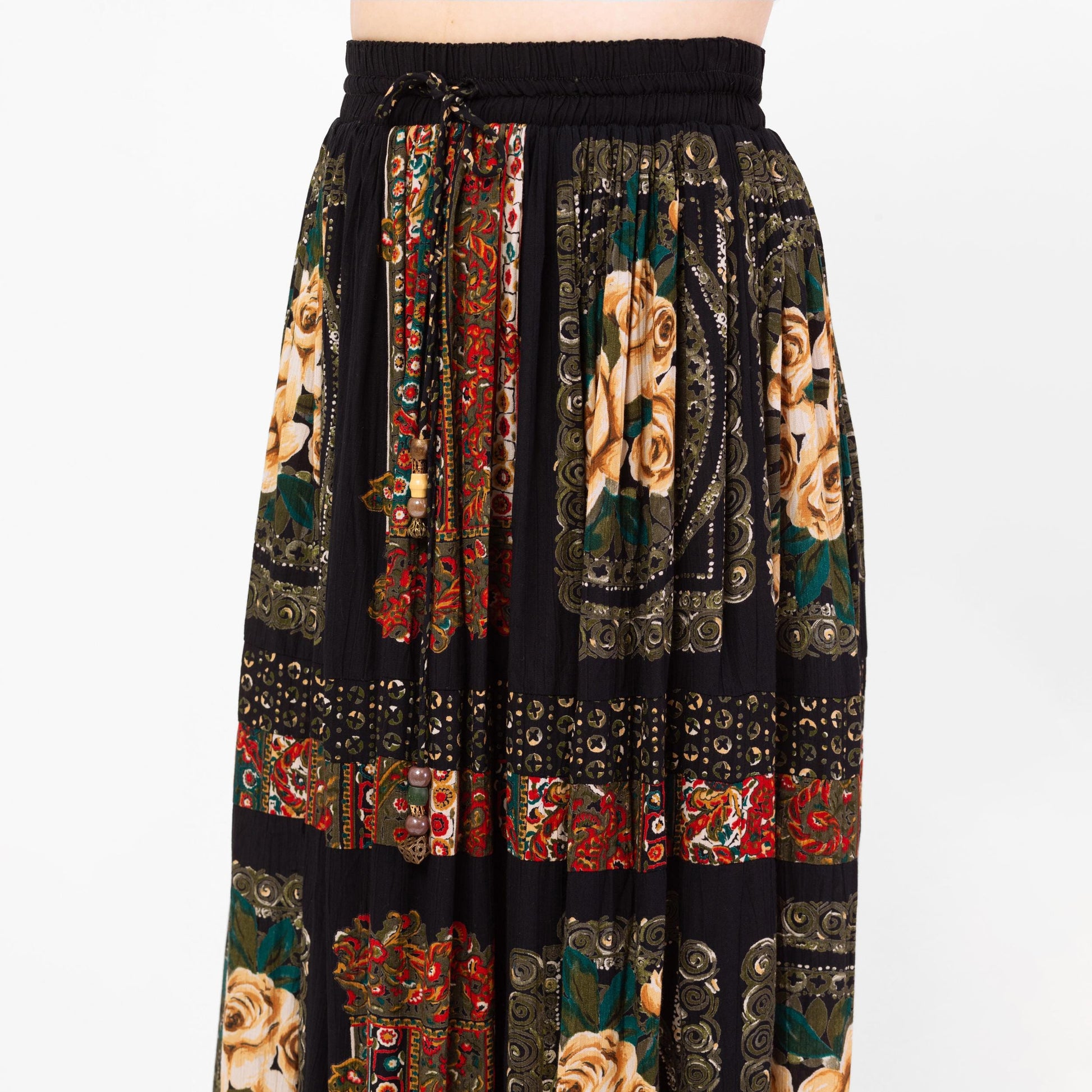 Vintage 90s Boho Rose Floral Maxi Broomstick Skirt - Medium to Large, 28"-33" Waist | Black Red Picture Frame Printt Rayon Hippie Skirt