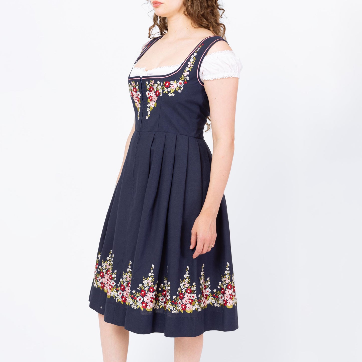 Vintage 70s Navy Floral Embroidered Dirndl Midi Dress - Medium to Large | Boho Octoberfest Austrian Folk Trachten Fit & Flare Dress