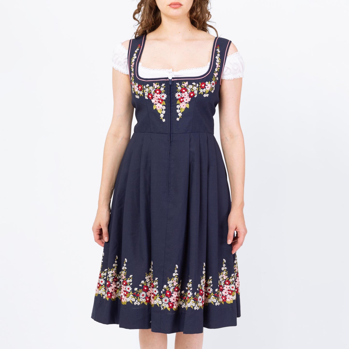 Vintage 70s Navy Floral Embroidered Dirndl Midi Dress - Medium to Large | Boho Octoberfest Austrian Folk Trachten Fit & Flare Dress