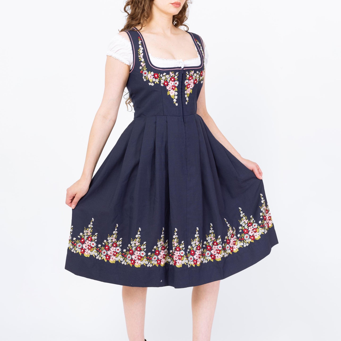 Vintage 70s Navy Floral Embroidered Dirndl Midi Dress - Medium to Large | Boho Octoberfest Austrian Folk Trachten Fit & Flare Dress
