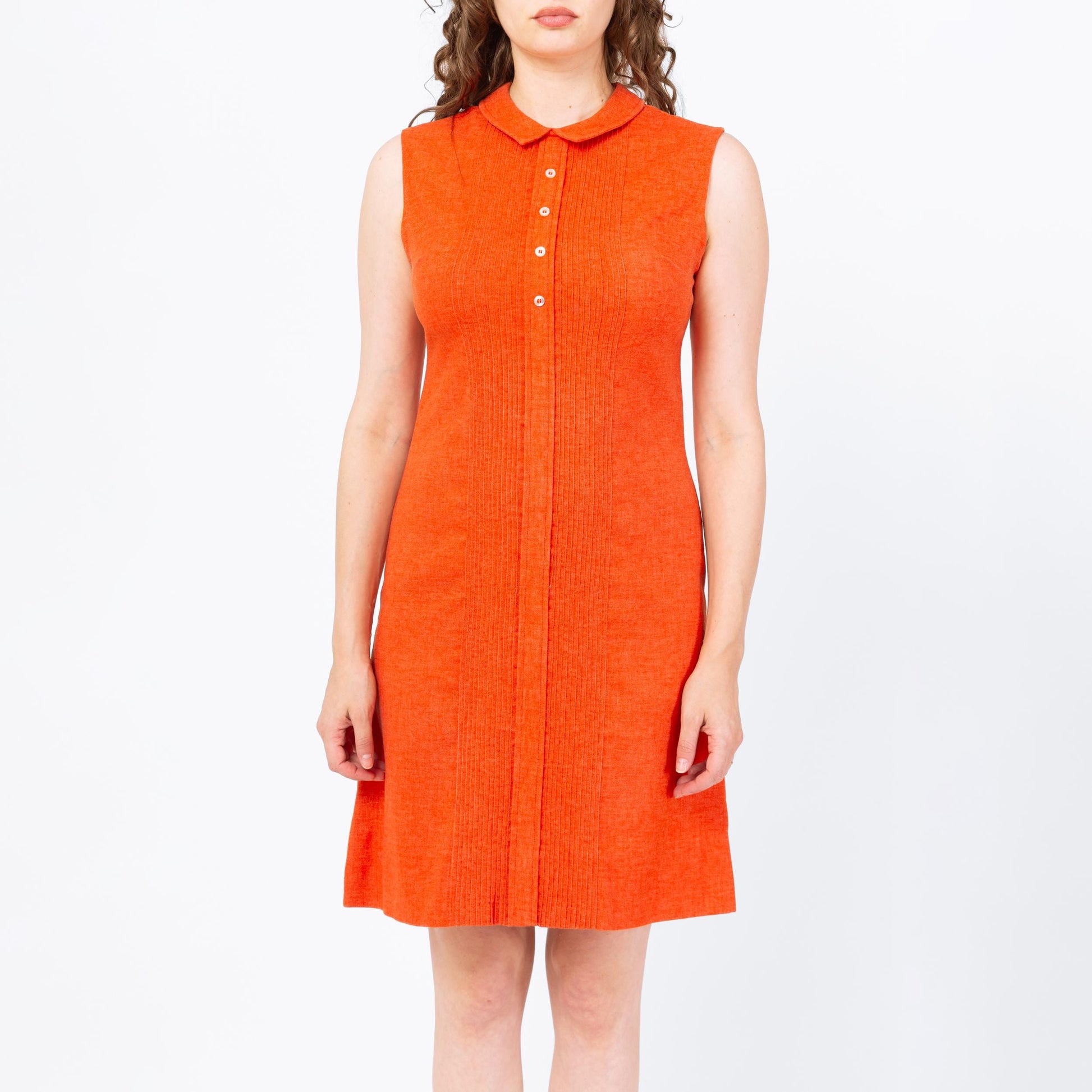 Vintage 70s Mod Orange Mini Shirtdress - Medium | Retro Sleeveless Button Up A Line Shift Dress
