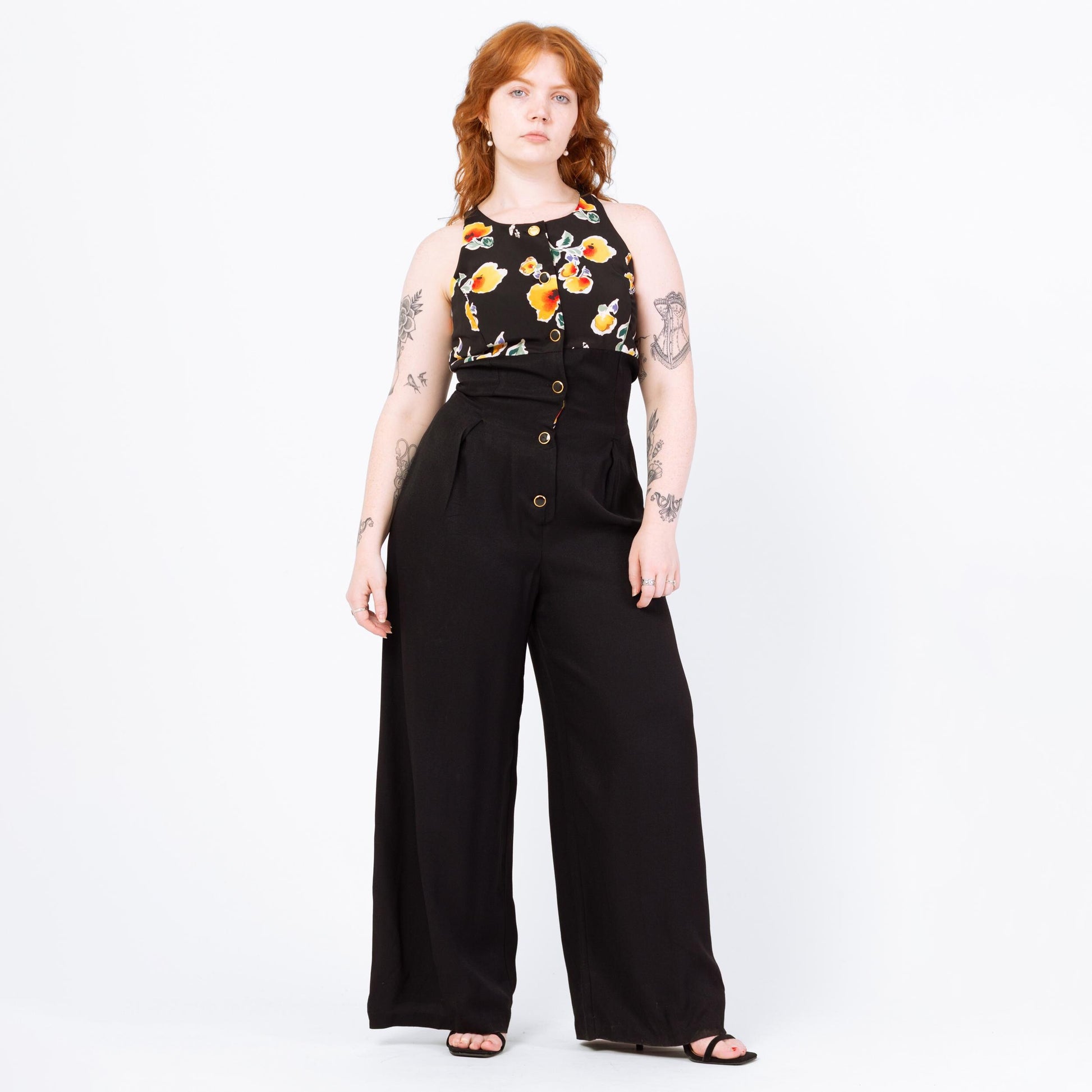 Vintage 90s Black Floral Wide Leg Jumpsuit - Medium | Boho Sleeveless Flared Leg Disco Palazzo Pantsuit