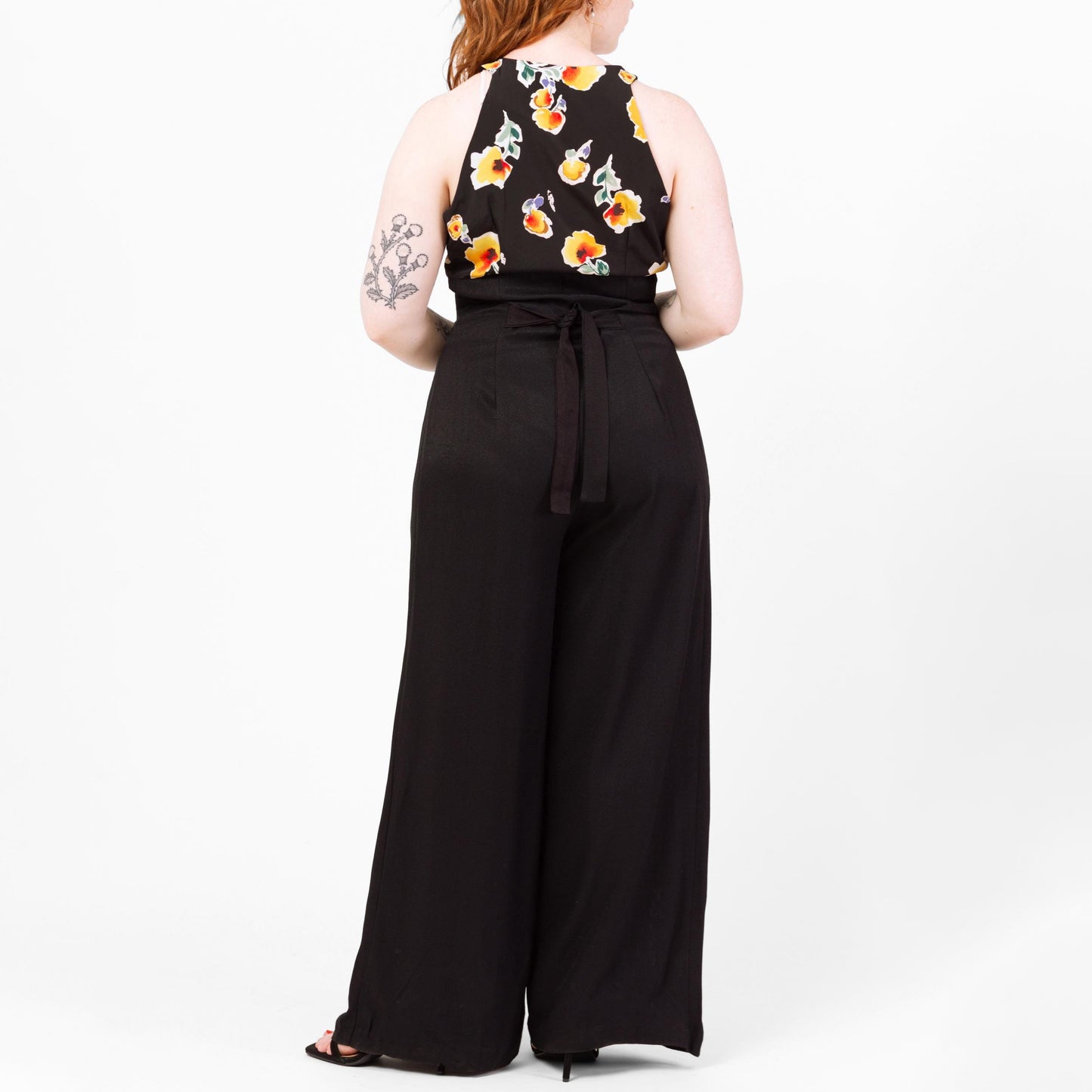 Vintage 90s Black Floral Wide Leg Jumpsuit - Medium | Boho Sleeveless Flared Leg Disco Palazzo Pantsuit