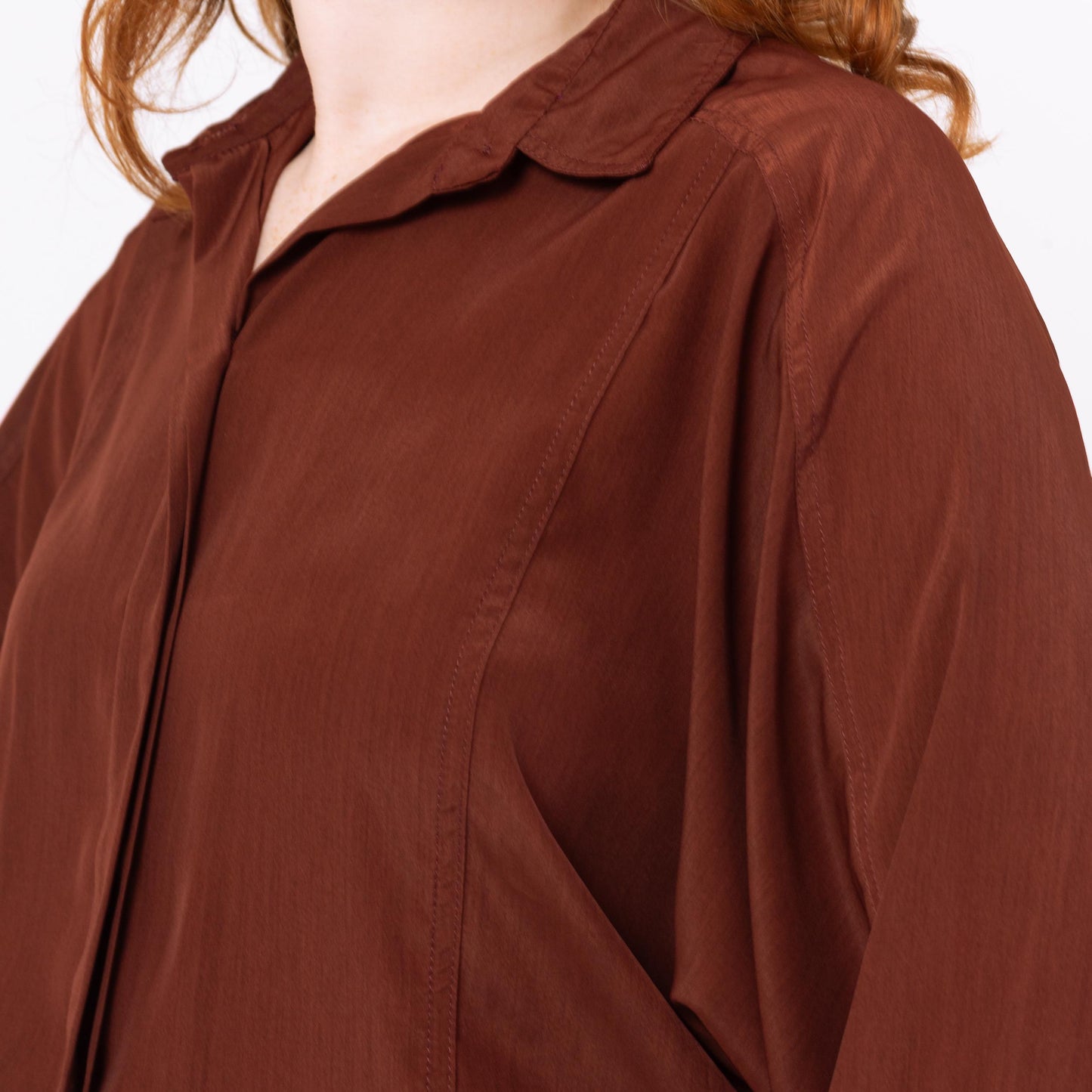Vintage 90s Silky Burnt Sienna Dolman Sleeve Blouse - Large | Minimalist Collared Top, Long Bishop Sleeve Shirt