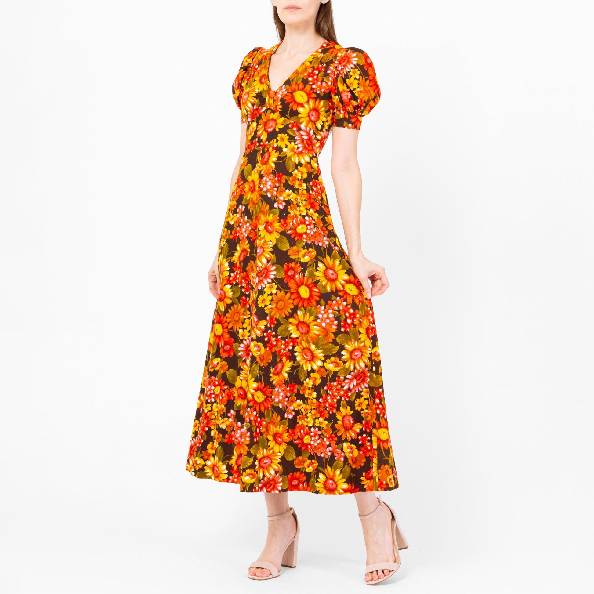 Vintage 70s Sunflower Print Puff Sleeve Prairie Maxi Dress - Extra Small | Boho Hawaiian Barkcloth Floral Hippie Gown