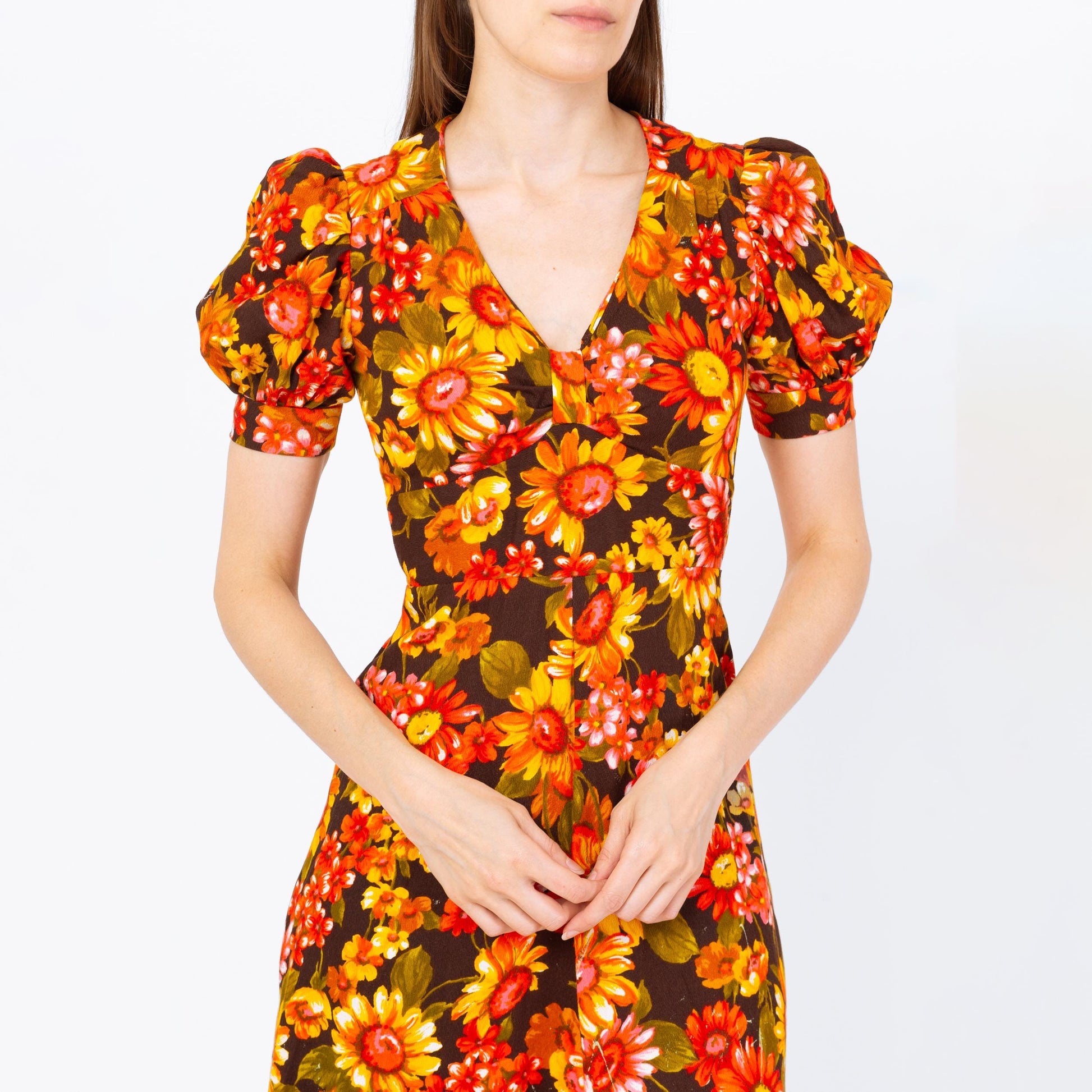 Vintage 70s Sunflower Print Puff Sleeve Prairie Maxi Dress - Extra Small | Boho Hawaiian Barkcloth Floral Hippie Gown