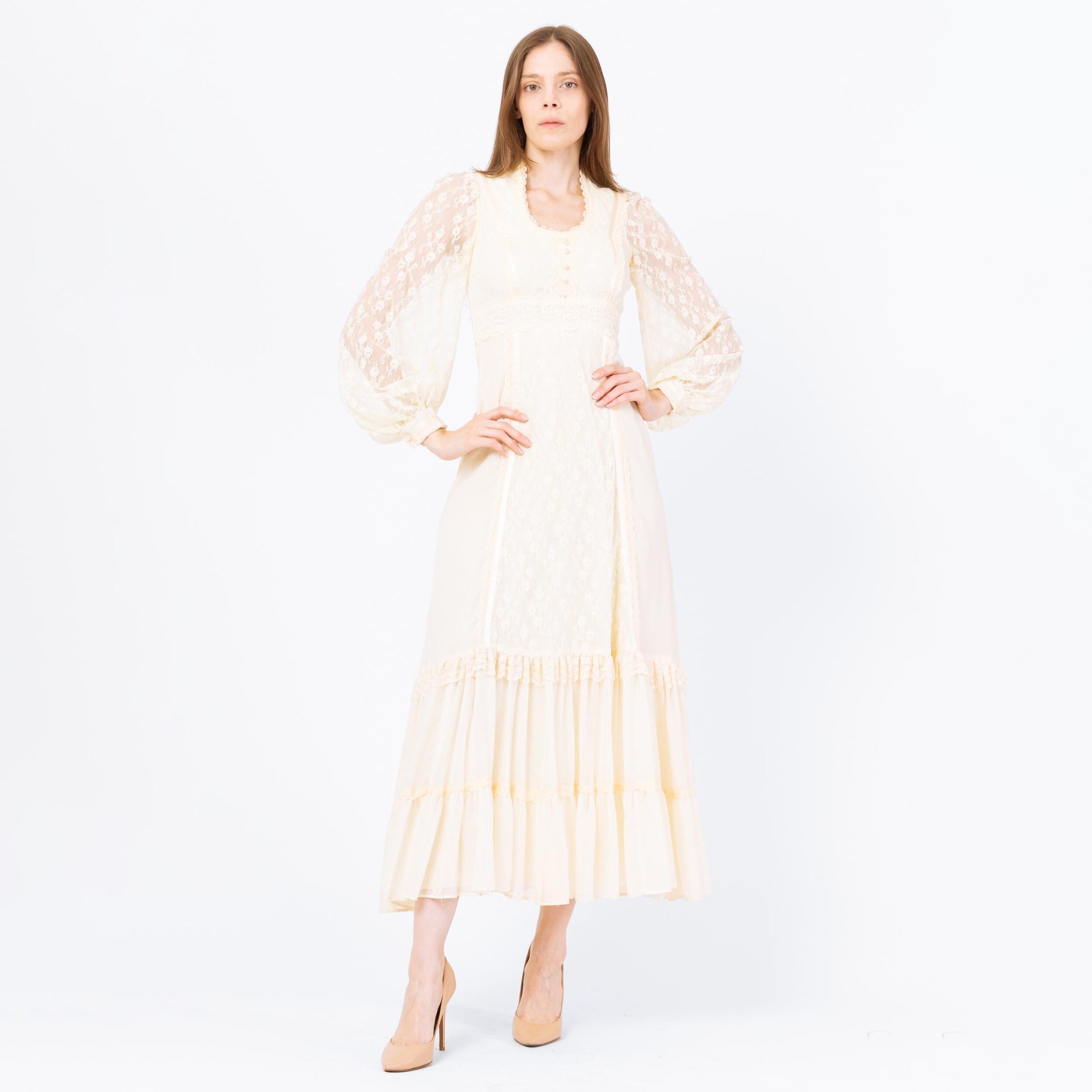 Vintage 70s Gunne Sax Cream Lace Prairie Maxi Dress - Extra Small | Boho Sheer Balloon Sleeve Renaissance Hippie Wedding Gown