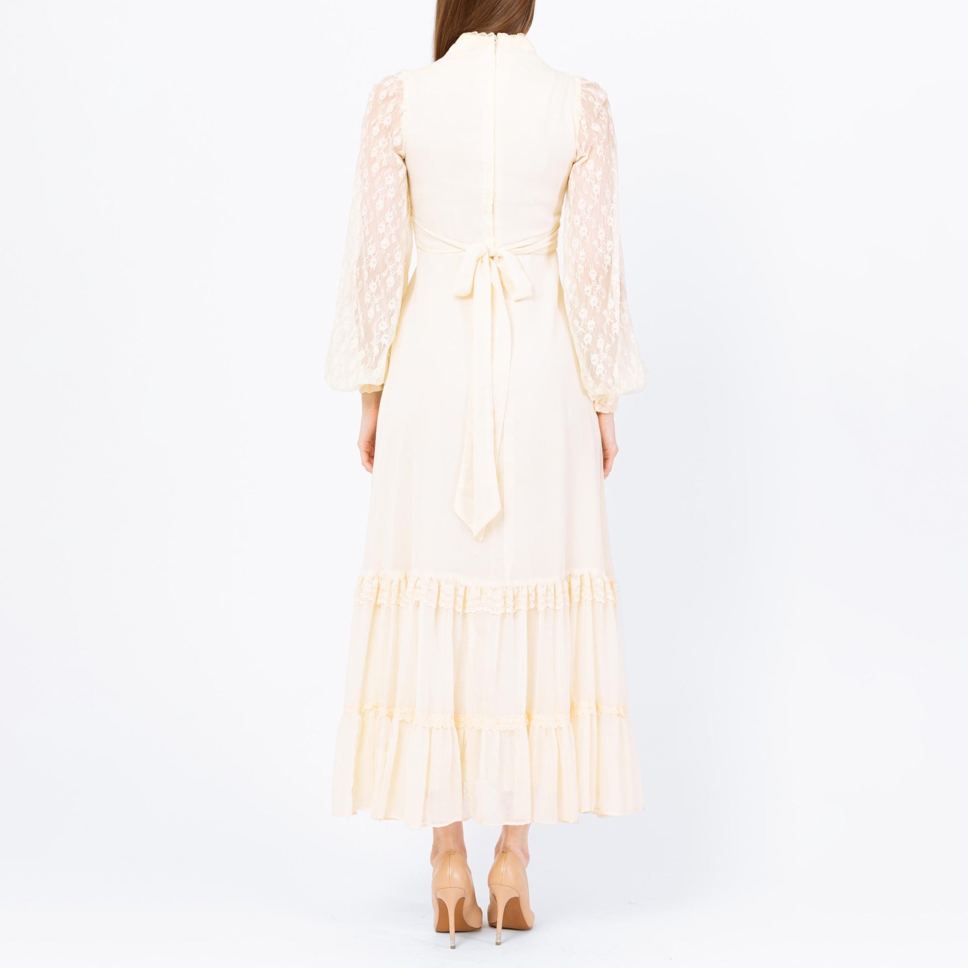 Vintage 70s Gunne Sax Cream Lace Prairie Maxi Dress - Extra Small | Boho Sheer Balloon Sleeve Renaissance Hippie Wedding Gown