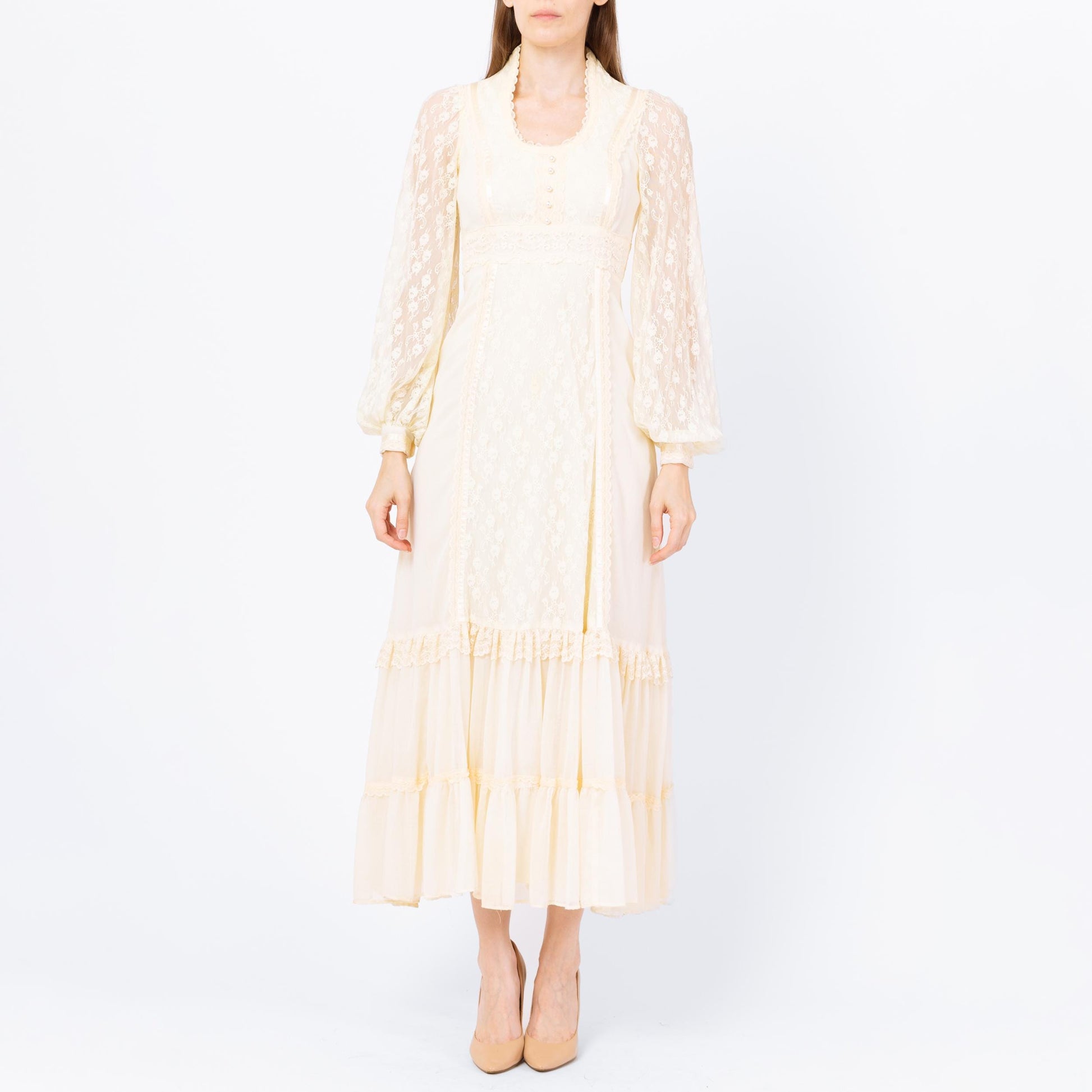 Vintage 70s Gunne Sax Cream Lace Prairie Maxi Dress - Extra Small | Boho Sheer Balloon Sleeve Renaissance Hippie Wedding Gown
