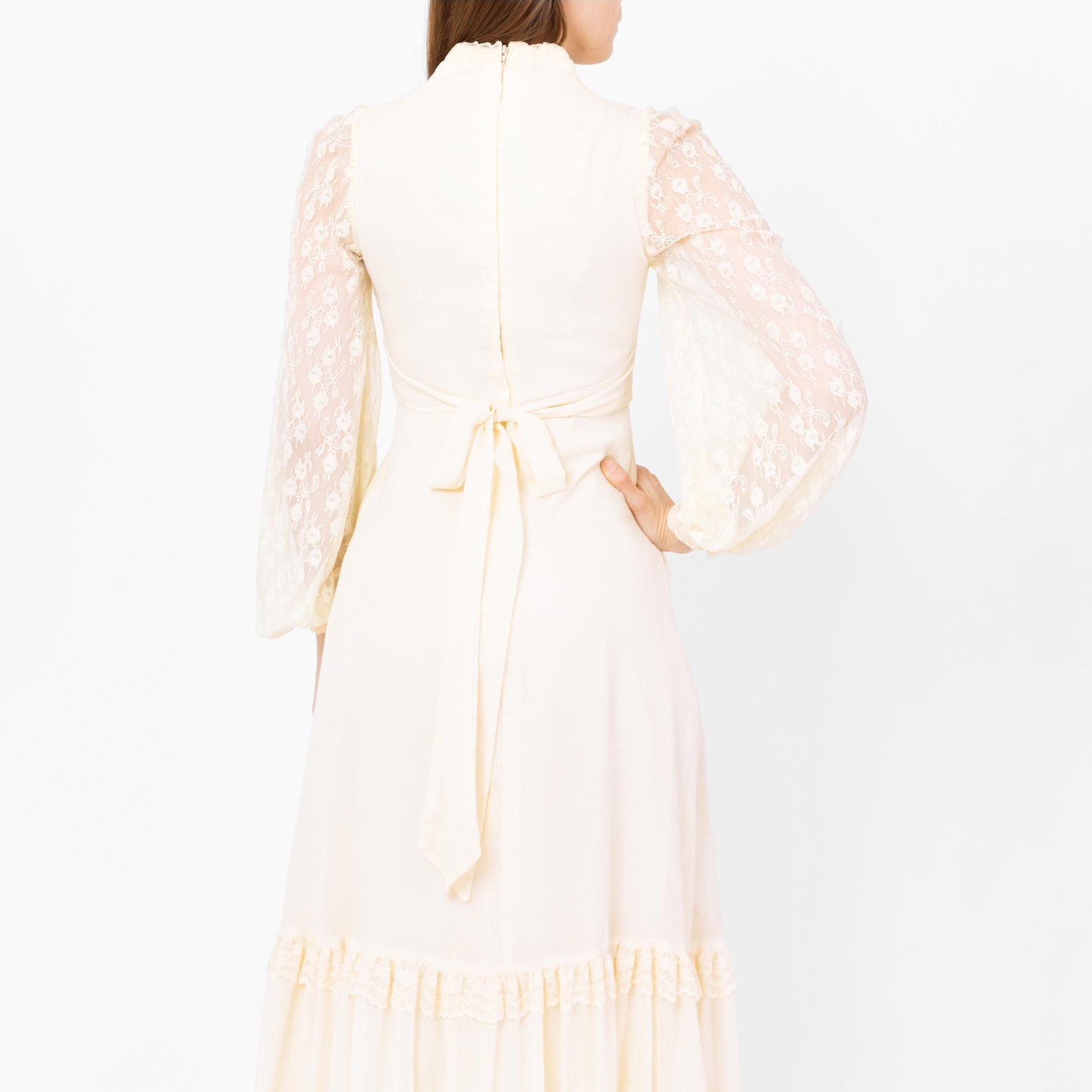 Vintage 70s Gunne Sax Cream Lace Prairie Maxi Dress - Extra Small | Boho Sheer Balloon Sleeve Renaissance Hippie Wedding Gown