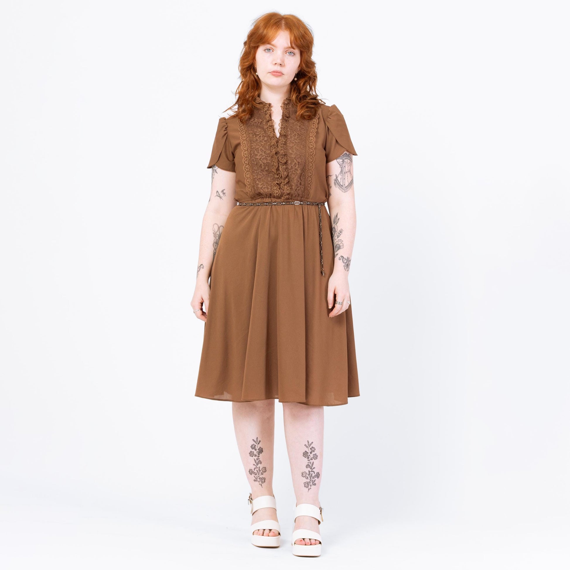 Vintage 70s Cocoa Brown Lace Trim Midi Folk Dress - Medium | Puff Sleeve Boho Prairie Dress