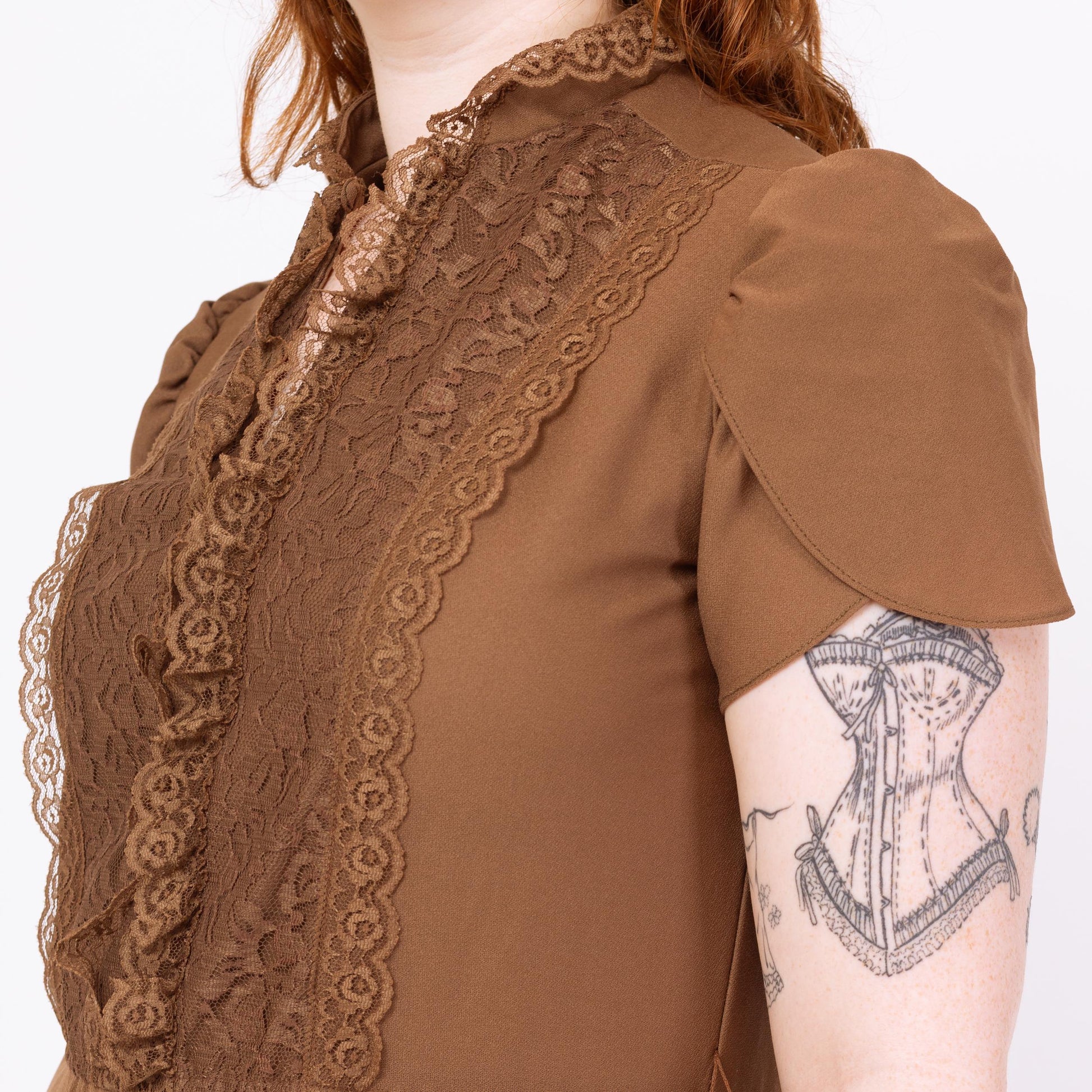 Vintage 70s Cocoa Brown Lace Trim Midi Folk Dress - Medium | Puff Sleeve Boho Prairie Dress