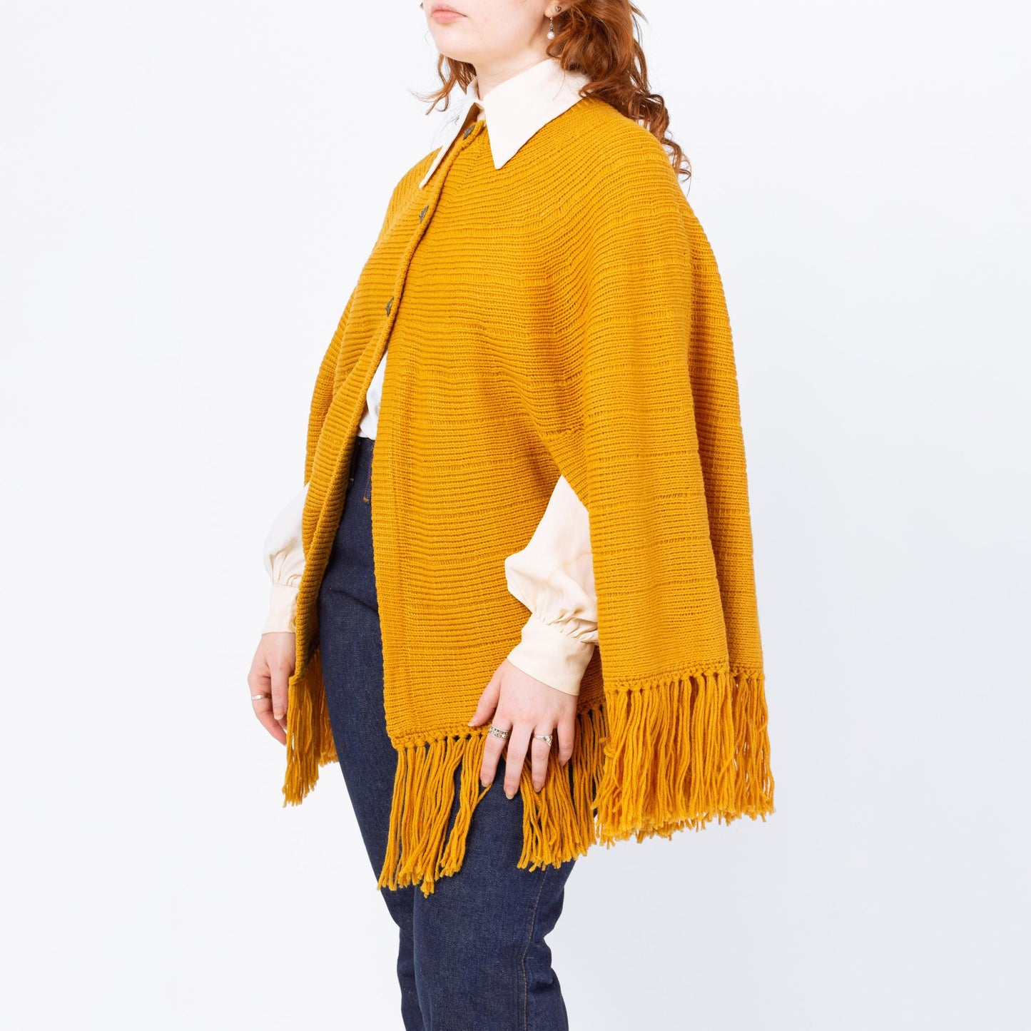 Vintage 70s Boho Mustard Yellow Knit Cape - One Size | Button Up Fringe Poncho Jacket