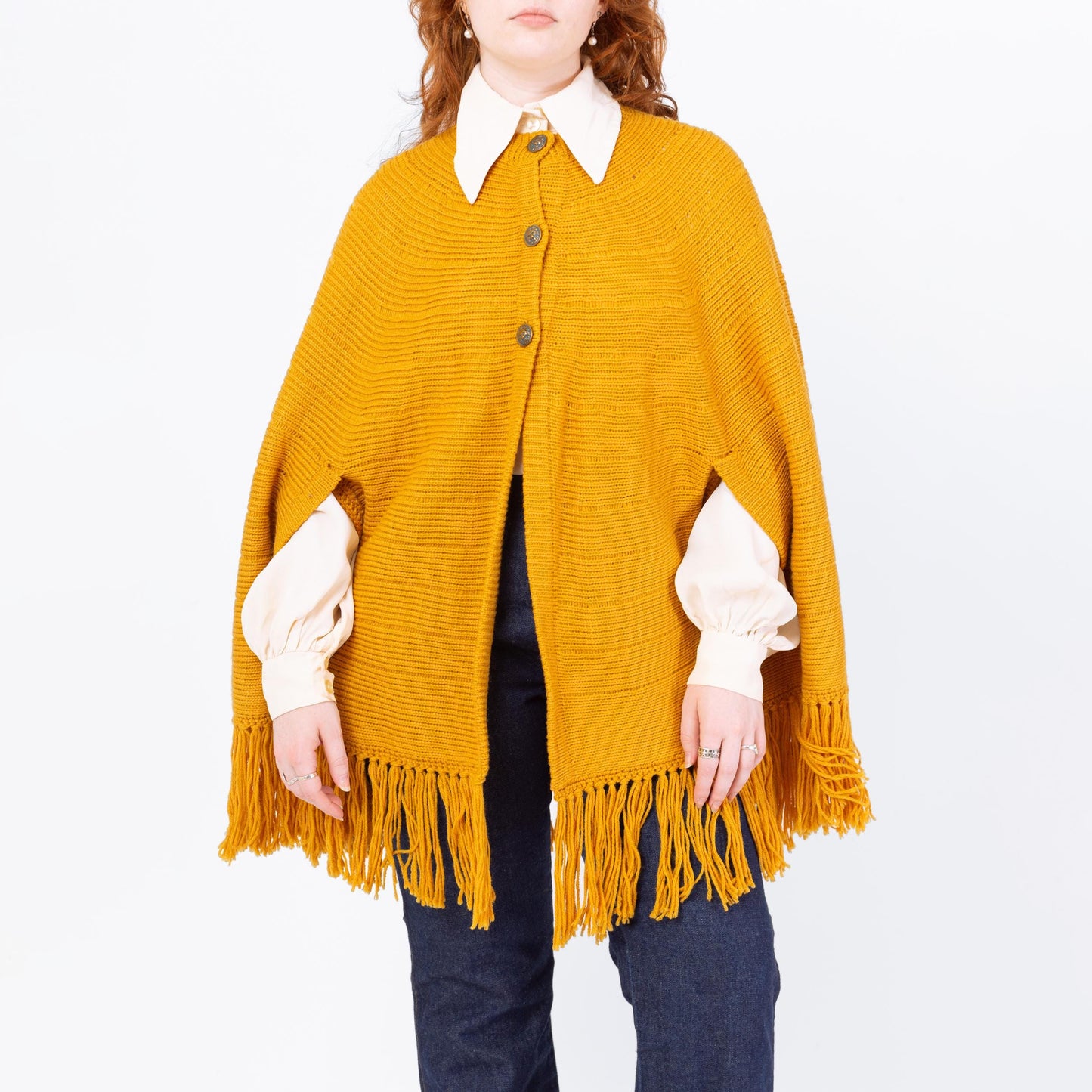 Vintage 70s Boho Mustard Yellow Knit Cape - One Size | Button Up Fringe Poncho Jacket