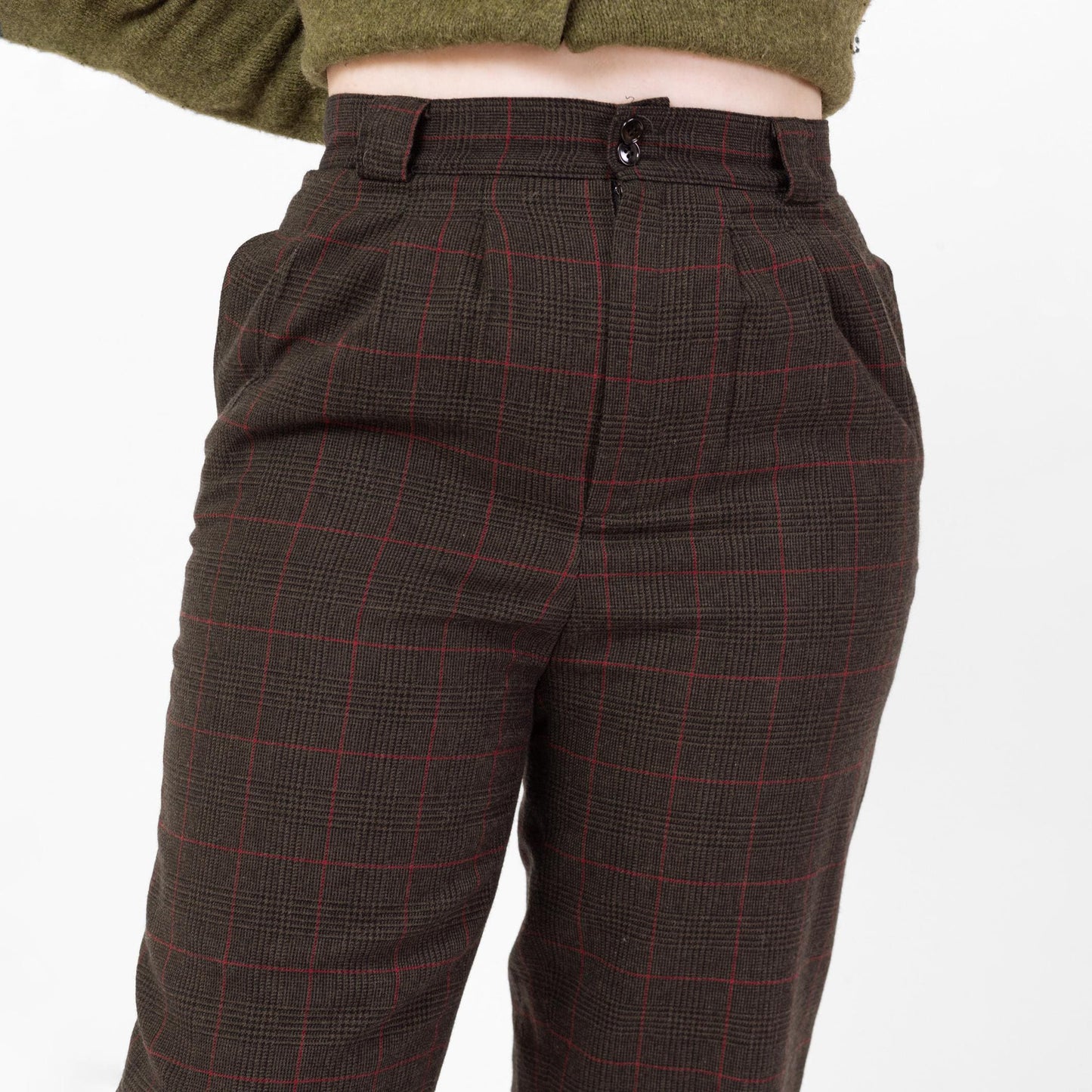 Vintage 80s Dark Grey Plaid Wool Cropped Trousers - Large, 31.5" Waist | Retro High Rise Capris Ankle Pants
