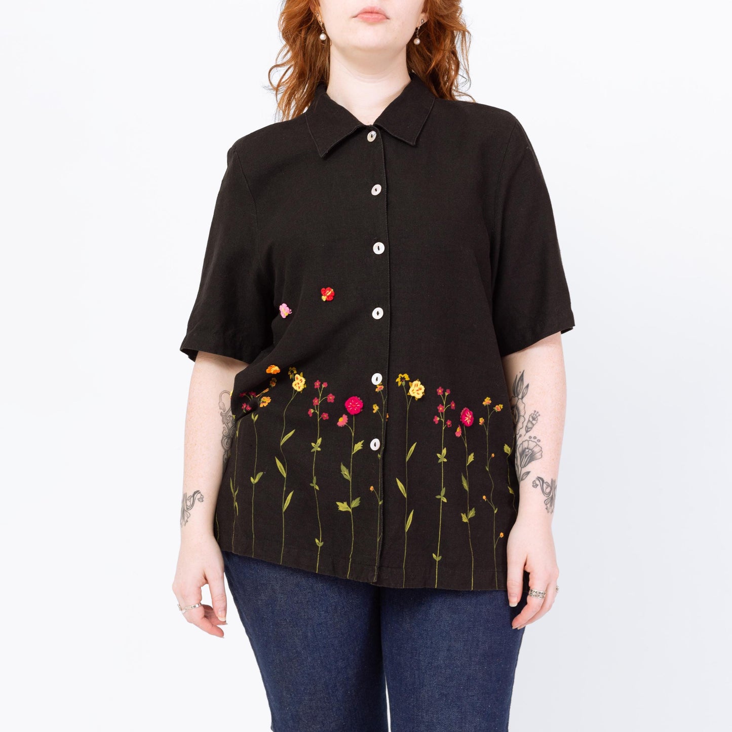 Vintage 90s Black Painted Wildflower Floral Blouse - Large | Boho Short Sleeve Linen Button Up Collared Top