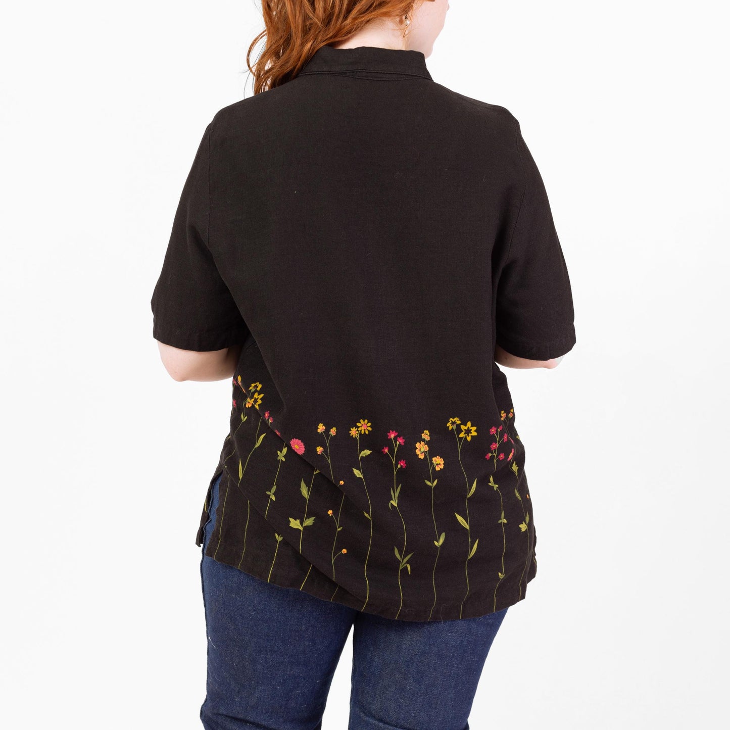 Vintage 90s Black Painted Wildflower Floral Blouse - Large | Boho Short Sleeve Linen Button Up Collared Top
