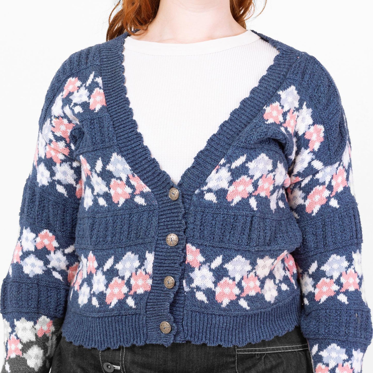 Vintage 90s Blue Floral Fair Isle Knit Cardigan - Large | Cropped Cotton Button Up Sweater