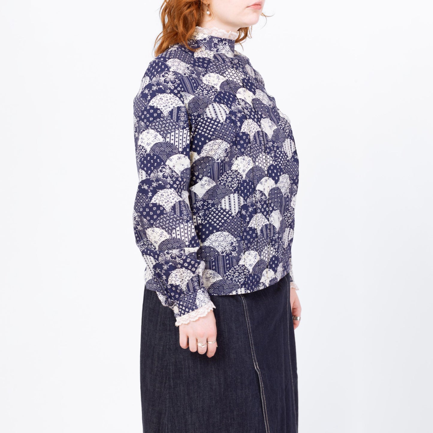 Vintage 70s Fish Scale Patchwork Print Blouse - Large | Blue & White Floral Button Back High Neck Folk Top