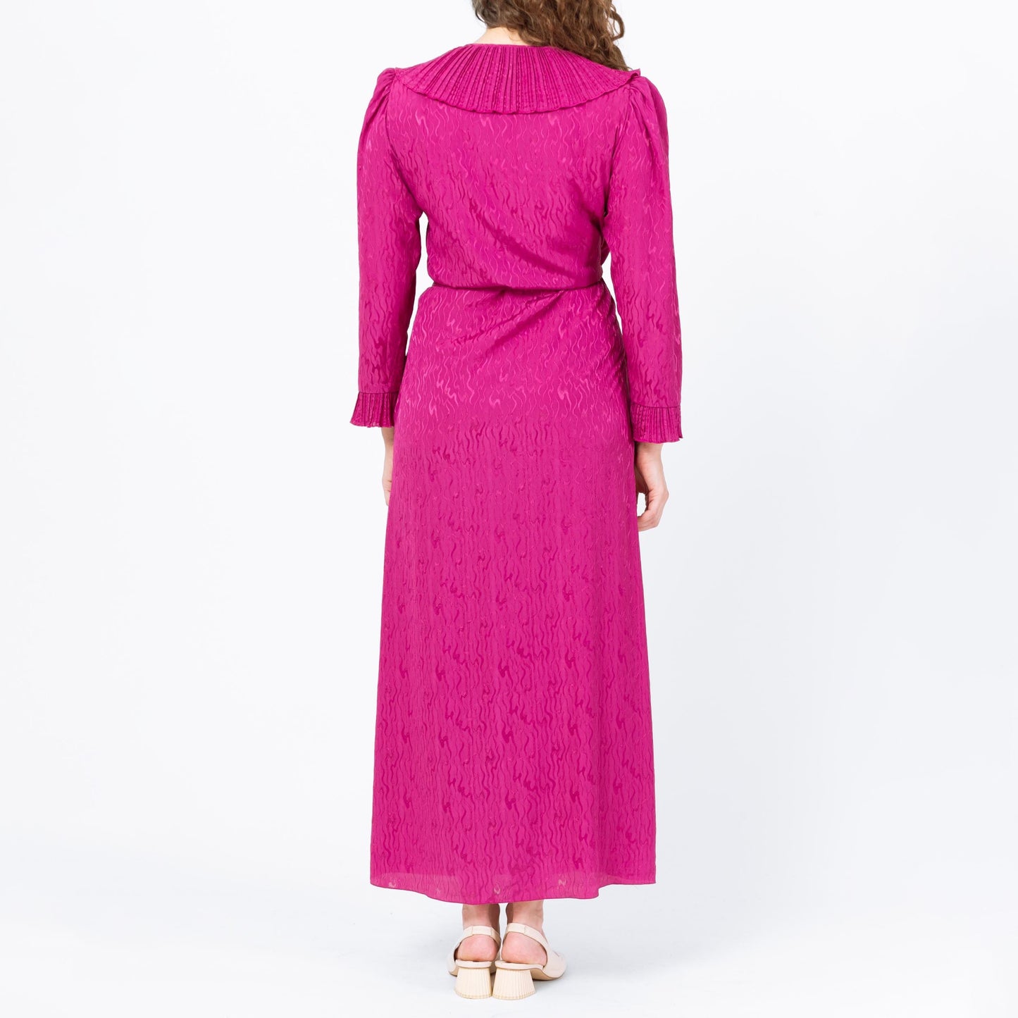 Vintage 80s Magenta Pink Maxi Wrap Lounge Dress - Medium | Retro Long Sleeve Plisse Ruffle Hostess Dressing Gown Peignoir Robe