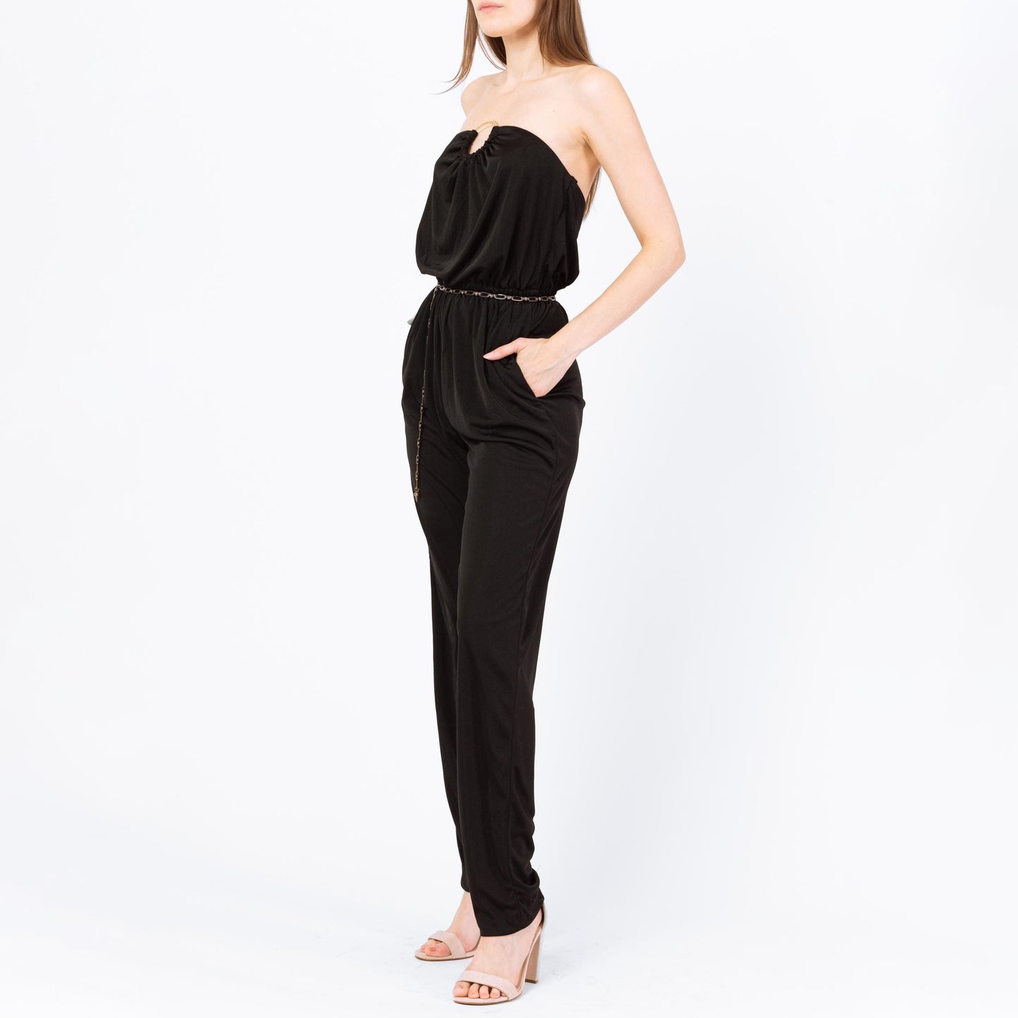 Vintage 70s 80s Black Strapless Disco Jumpsuit - Small | Retro Blouson O Ring Tapered Leg Pantsuit
