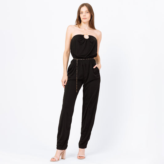 Vintage 70s 80s Black Strapless Disco Jumpsuit - Small | Retro Blouson O Ring Tapered Leg Pantsuit