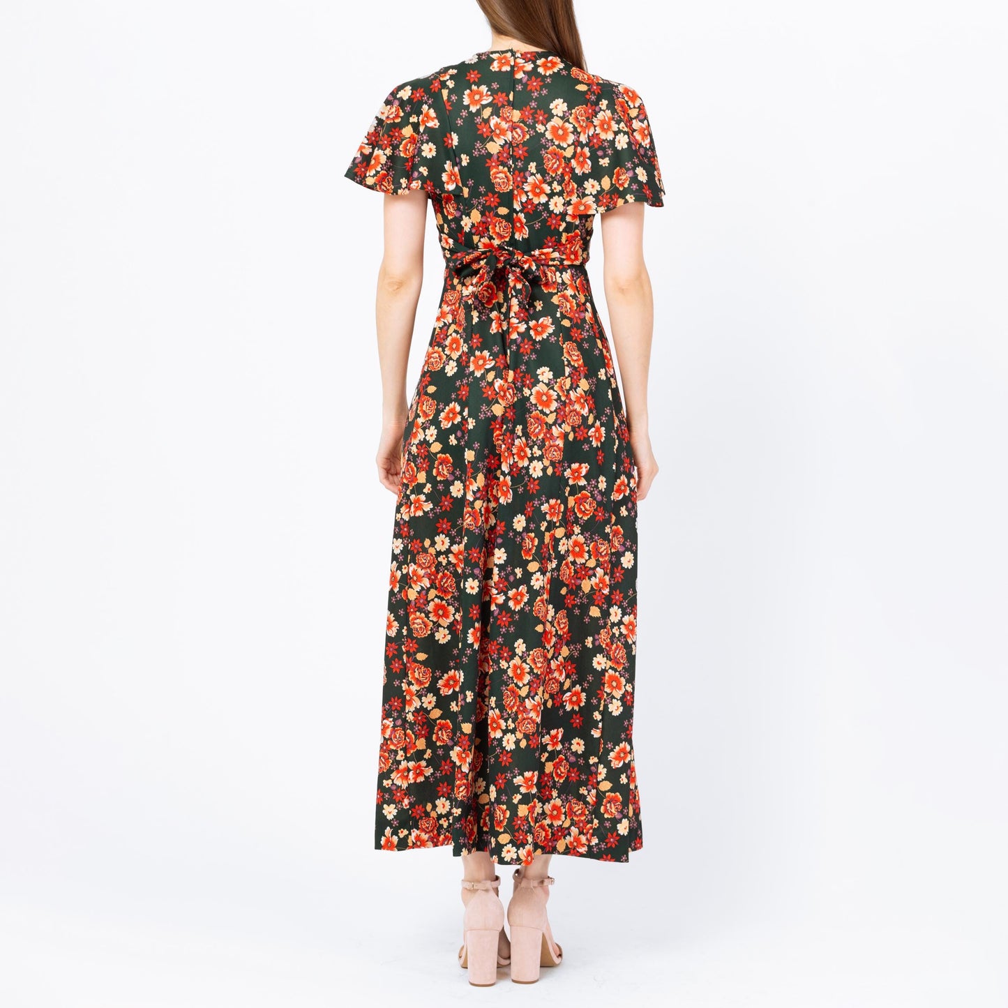 Vintage 70s Green & Orange Floral Flutter Sleeve Prairie Maxi Dress - Extra Small | Boho Hippie Formal Gown