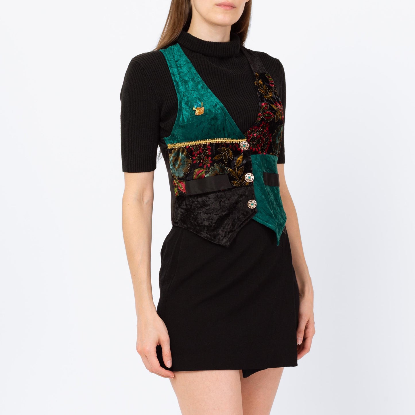 Vintage 90s Patchwork Velvet Crop Top Vest - Small | Whimsigoth Top, Black & Green Grunge Button Up Sleeveless Shirt