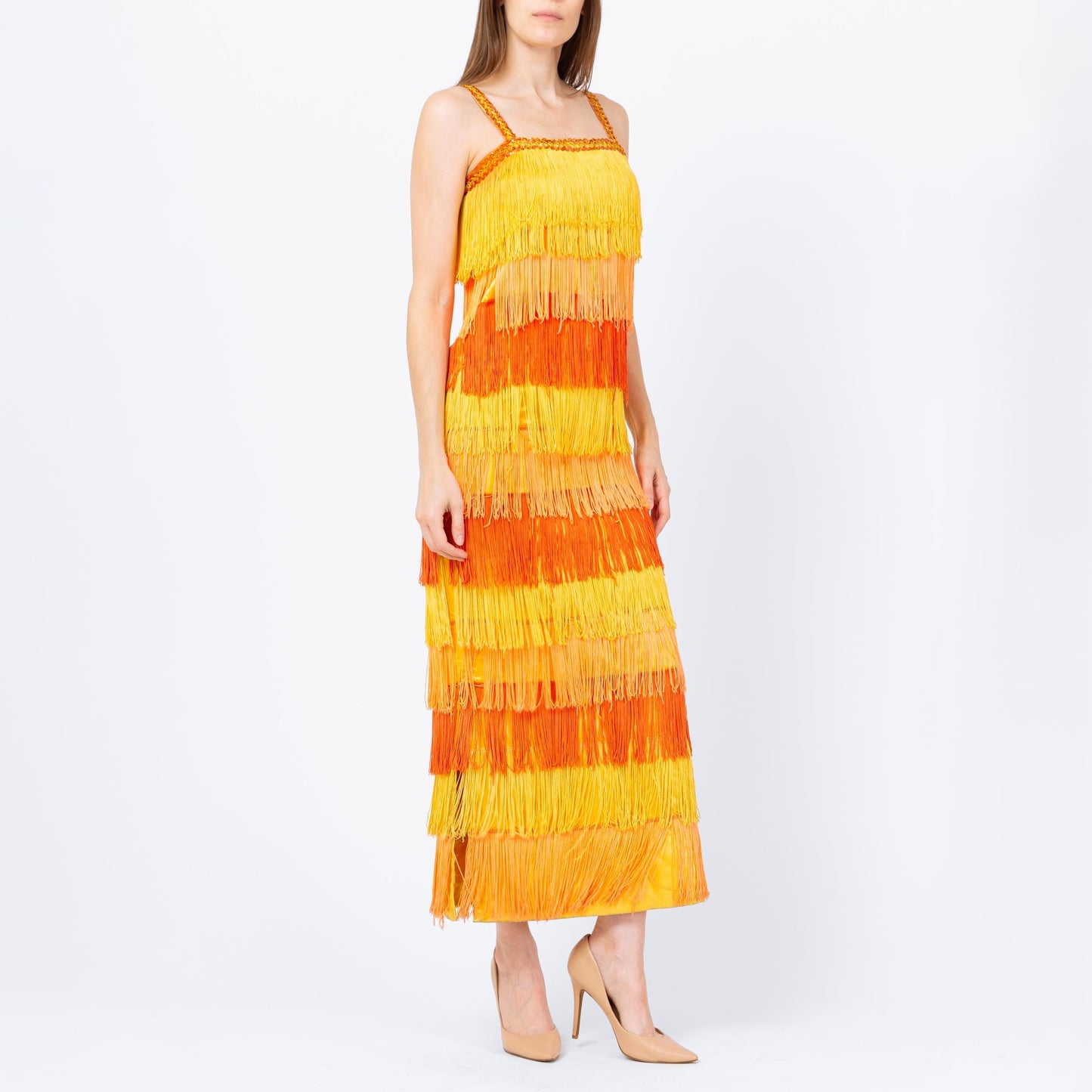Vintage 60s Yellow & Orange Fringe Flapper Dress - Extra Small | 1920s Gatsby Maxi Costume Dress