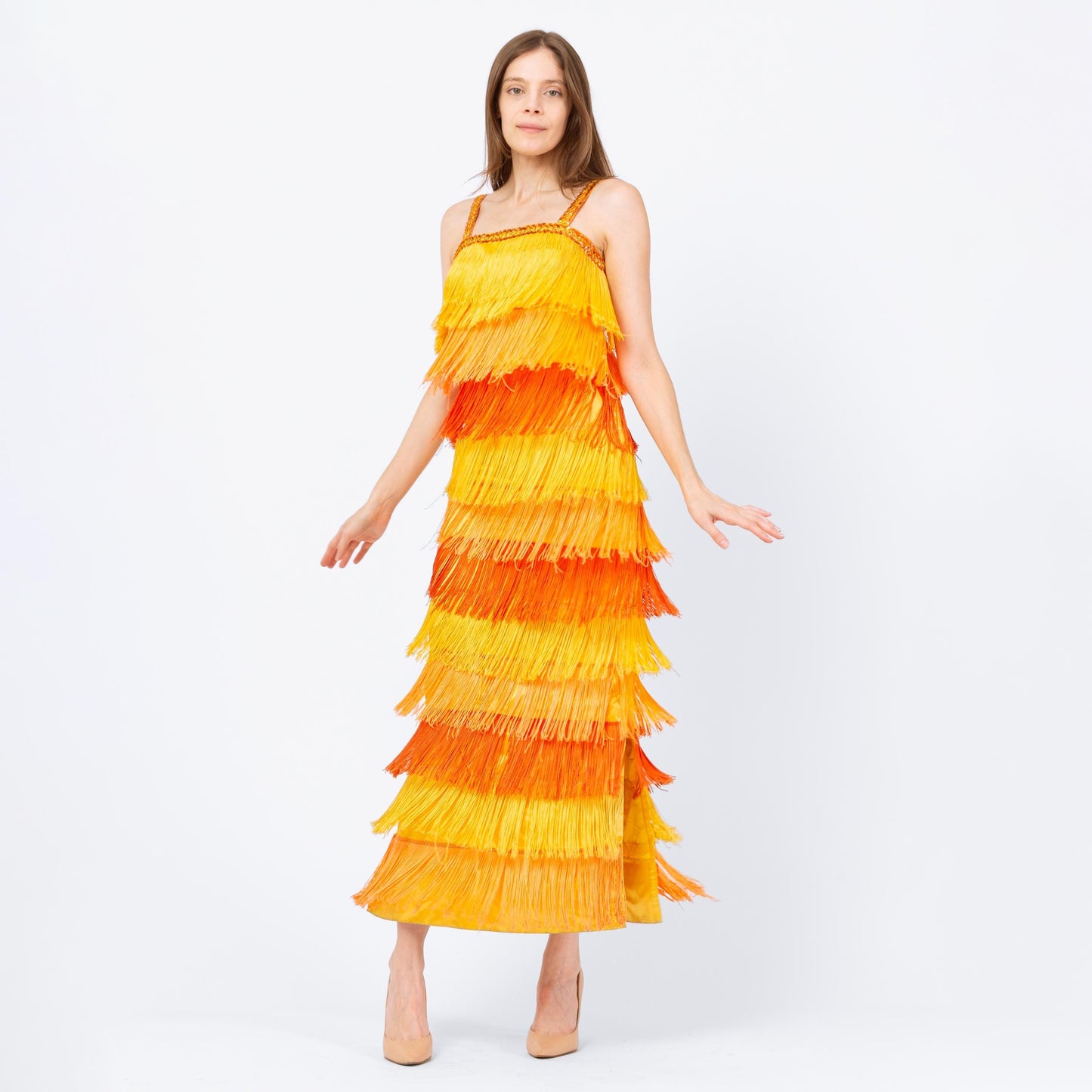 Vintage 60s Yellow & Orange Fringe Flapper Dress - Extra Small | 1920s Gatsby Maxi Costume Dress