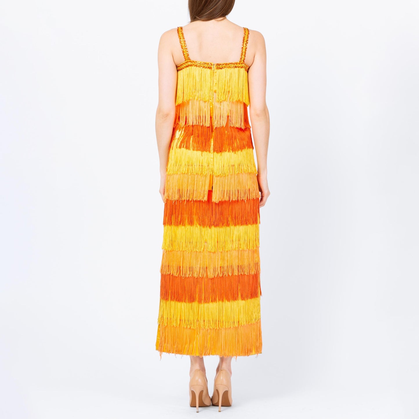 Vintage 60s Yellow & Orange Fringe Flapper Dress - Extra Small | 1920s Gatsby Maxi Costume Dress
